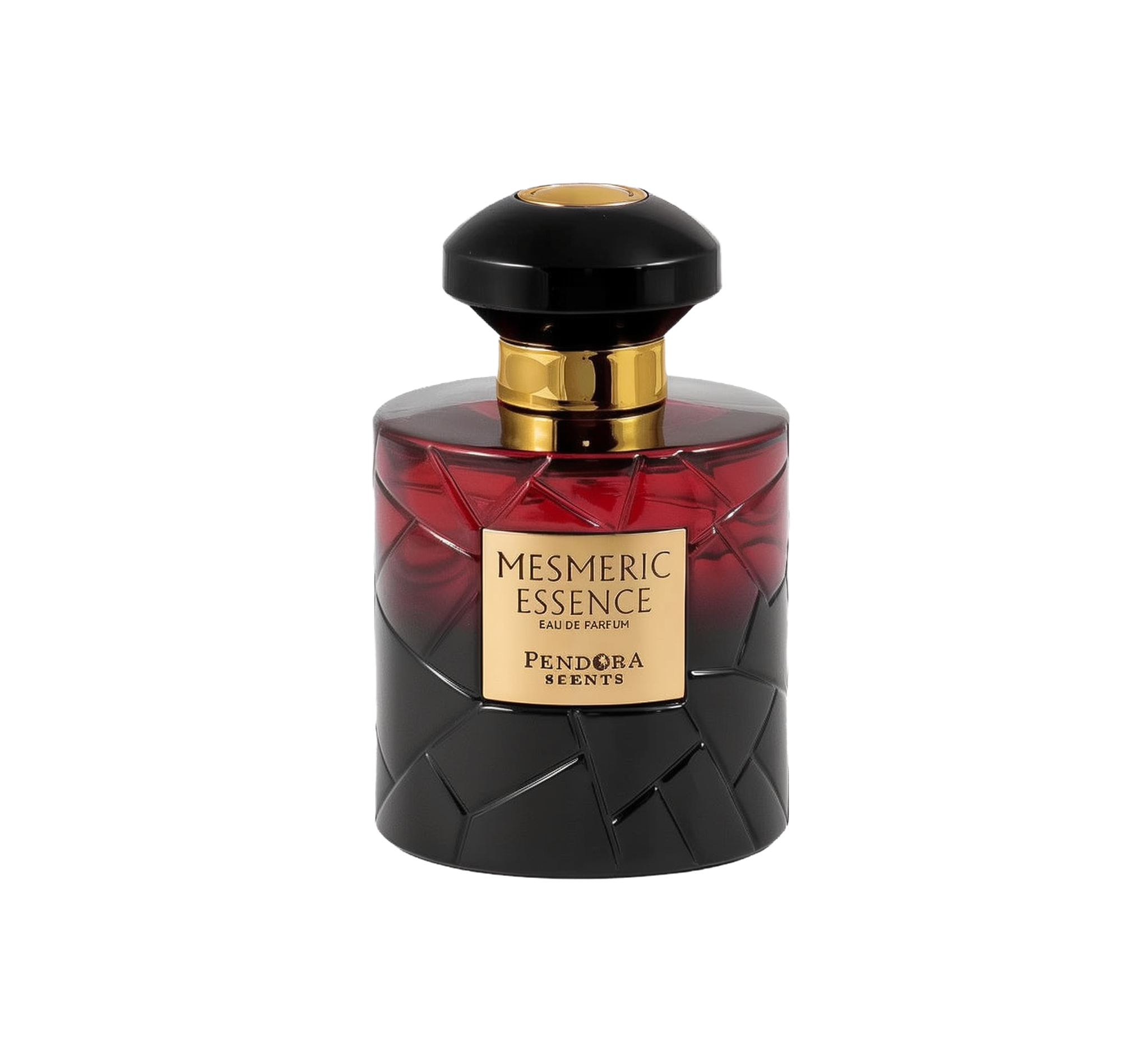 A tall, cylindrical perfume bottle with a gradient red-to-black design, topped by a glossy black cap and featuring a gold label that reads “Mesmeric Essence Eau De Parfum – Pendora Scents.