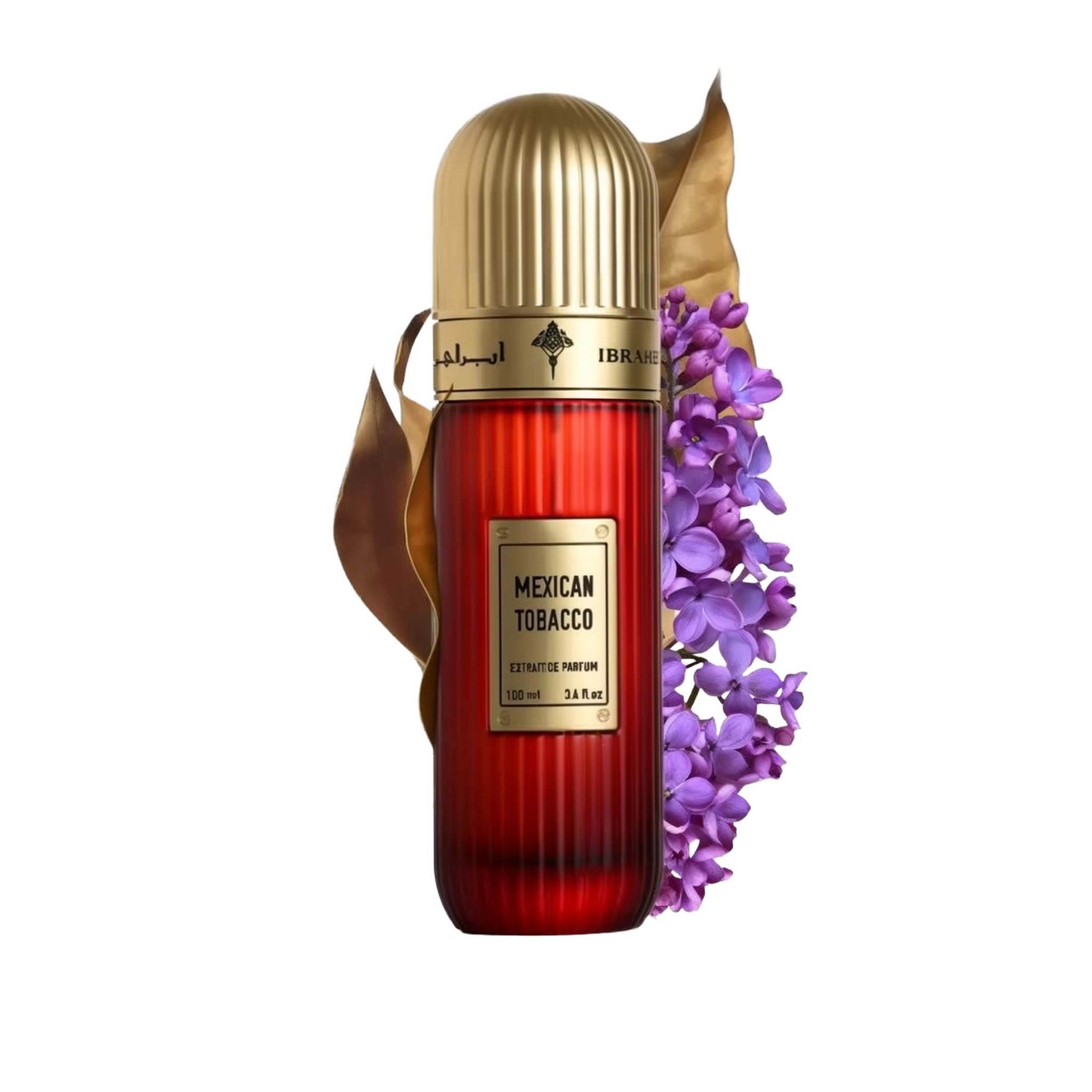 This image features a tall, cylindrical perfume bottle with a gold cap, labeled "Mexican Tobacco" by Ibraheem Al Qurashi. The bottle is red with a vertical gradient, and the volume is indicated as "100 ml / 3.4 fl.oz." Beside the bottle is a spray of purple flowers and a dry tobacco leaf, likely representing the fragrance's notes.