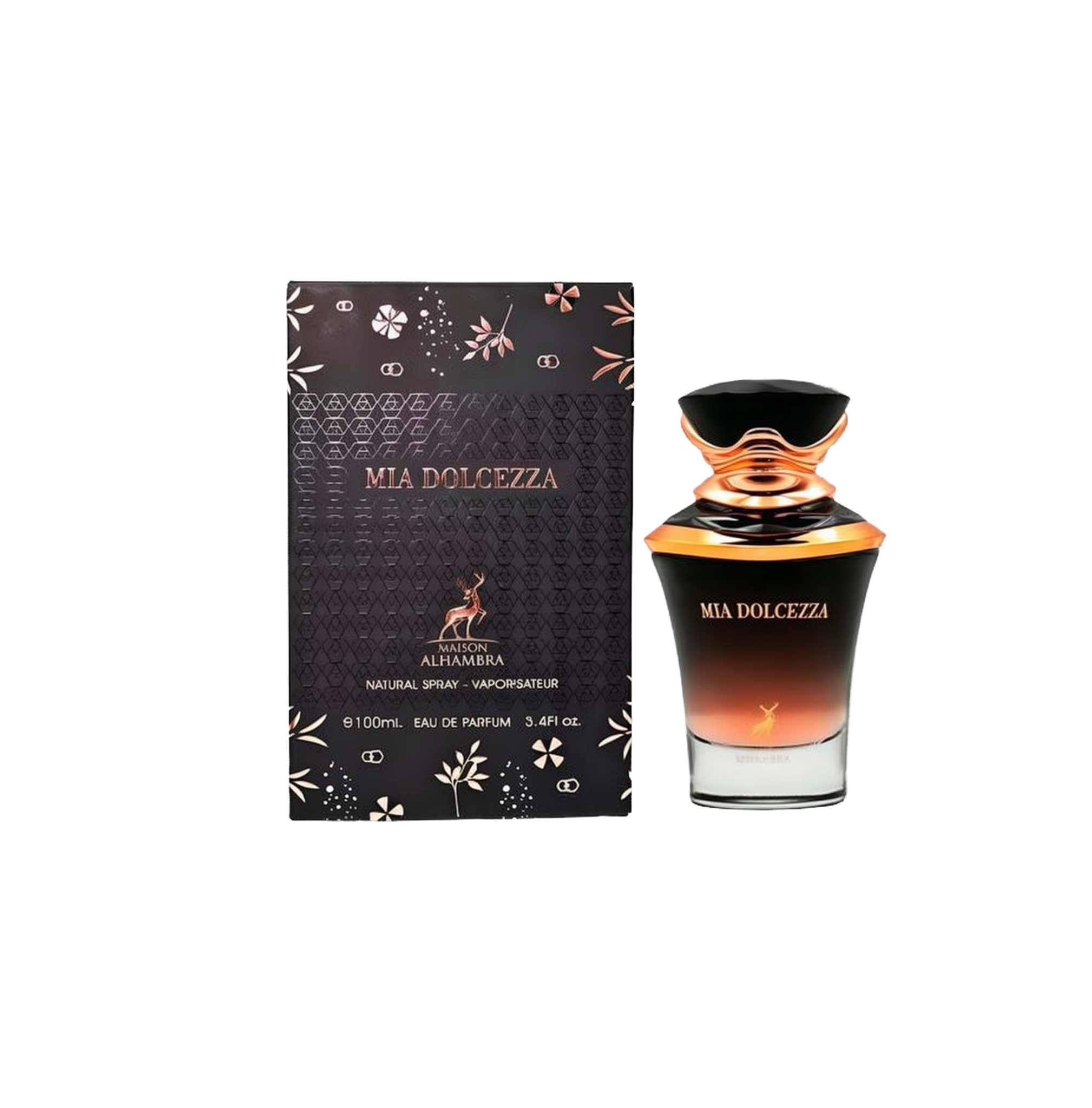 A rectangular black box with gold floral accents labeled “Mia Dolcezza” by Maison Alhambra stands beside a matching black-to-gold ombré glass perfume bottle with a decorative cap, displaying the same product name and brand.