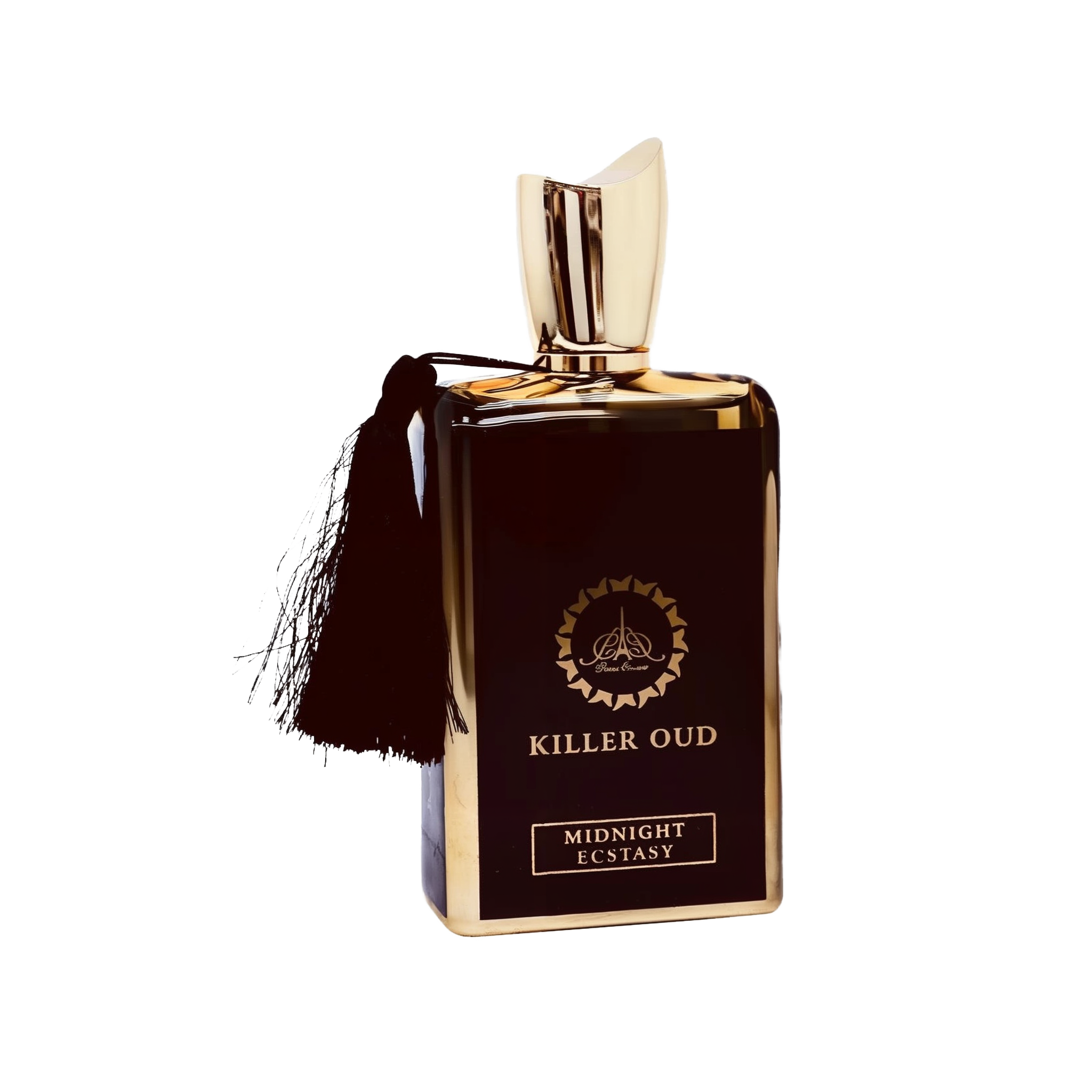 A sleek, rectangular black perfume bottle with gold accents and a tassel attached at the neck, featuring a sculpted gold cap and the words “Killer Oud Midnight Ecstasy” on the front.