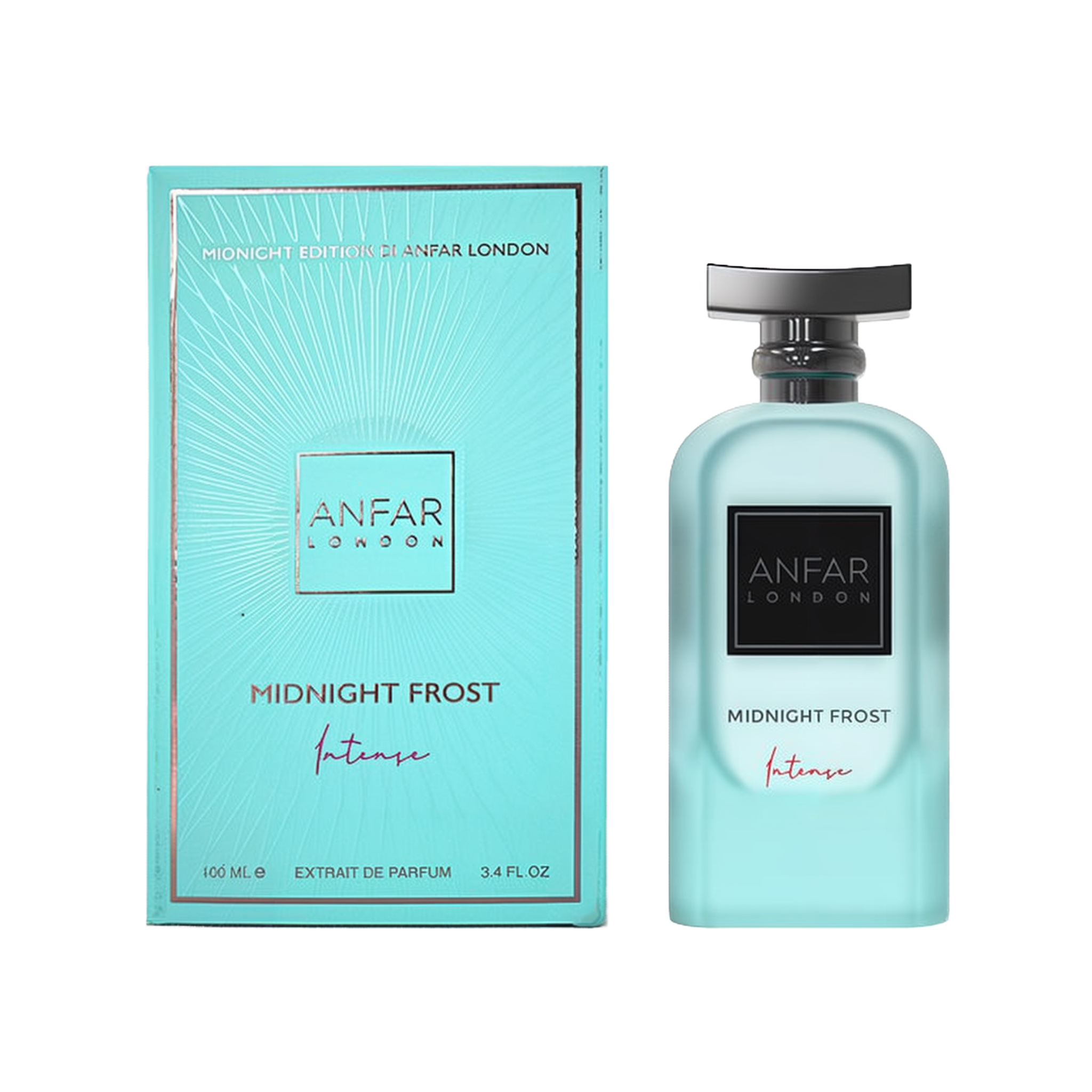 A sleek, rectangular turquoise perfume bottle labeled “Anfar London Midnight Frost Intense” with a glossy black cap, shown beside its matching turquoise box featuring metallic accents and the same branding and fragrance details.