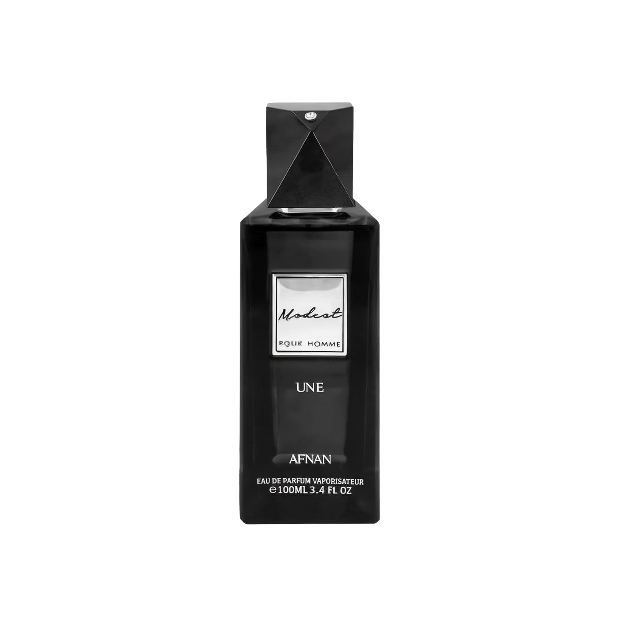 The image is of a black perfume bottle for "Modest UNE" by Afnan Perfumes. The bottle has a sleek, rectangular shape with a black cap and a diamond-like embellishment on the top. The label on the bottle is white with black lettering that reads "Modest" in