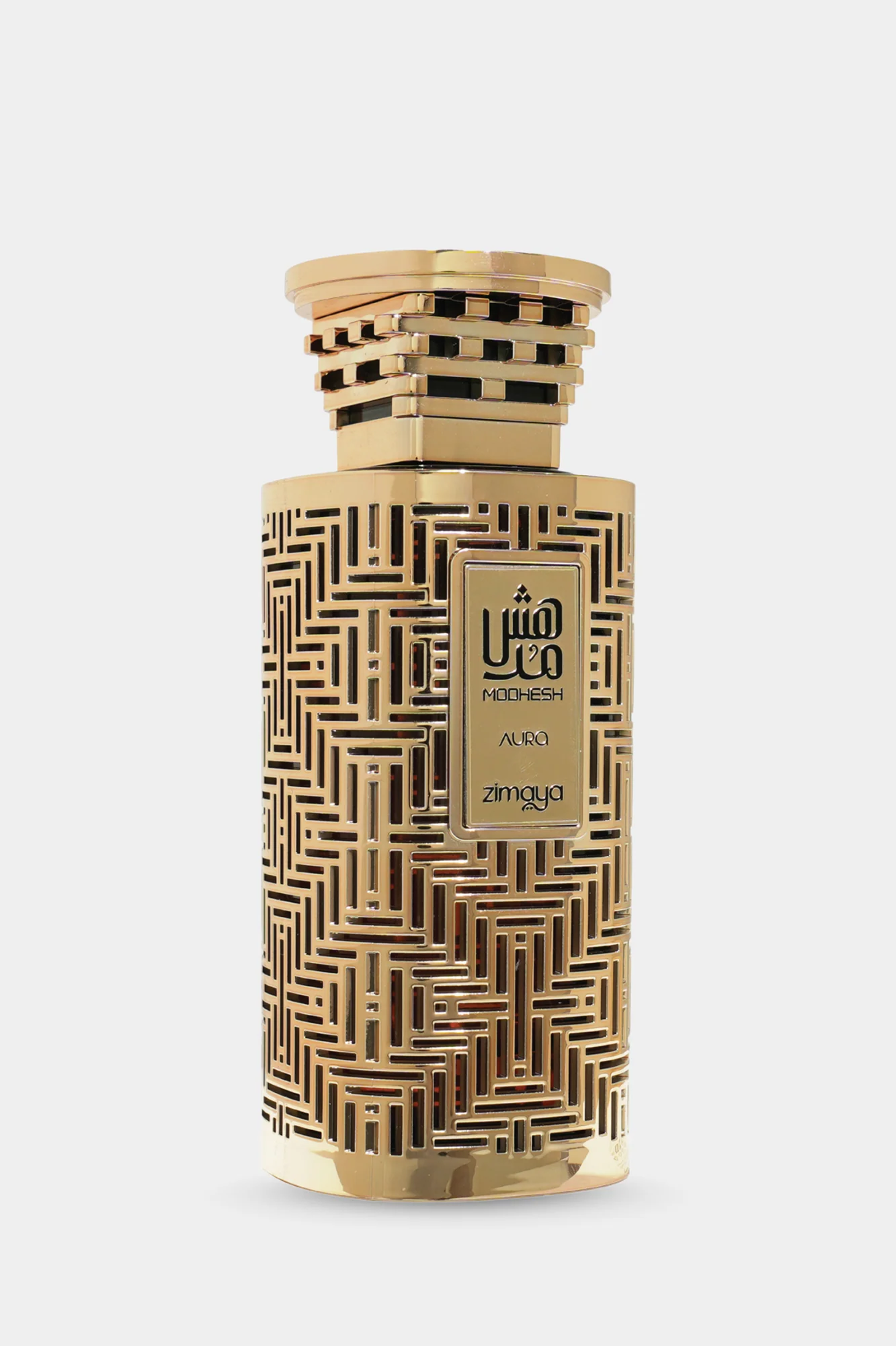 Zimaya Modhesh Aura perfume in intricate gold patterned bottle with decorative square cap.