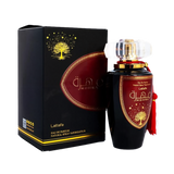 A luxurious black and gold box of "Mohra" Eau de Parfum by Lattafa, featuring an ornate golden tree design and elegant Arabic script. The box is placed next to a matching perfume bottle with a black base, adorned with a large maroon and gold label. The bo