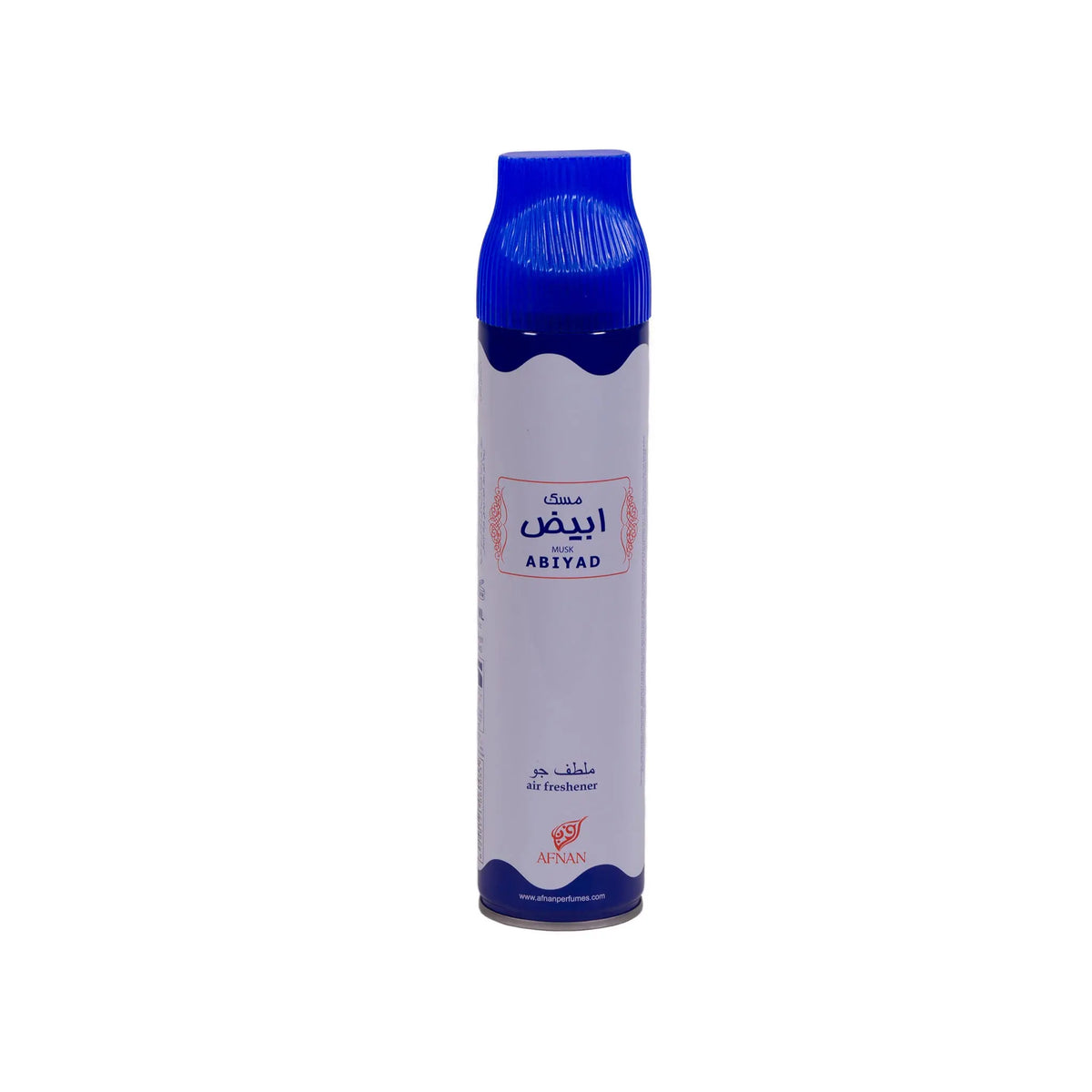 The image features a white aerosol air freshener can with a blue ribbed cap. It has "ABIYAD" in red text along with Arabic script, which translates as 'white' in English, likely indicating the fragrance name.  The design is simple with minimal color accents, primarily blue and red on a white background, creating a clean and straightforward appearance. The can is set against a light neutral background that doesn't distract from the product itself.