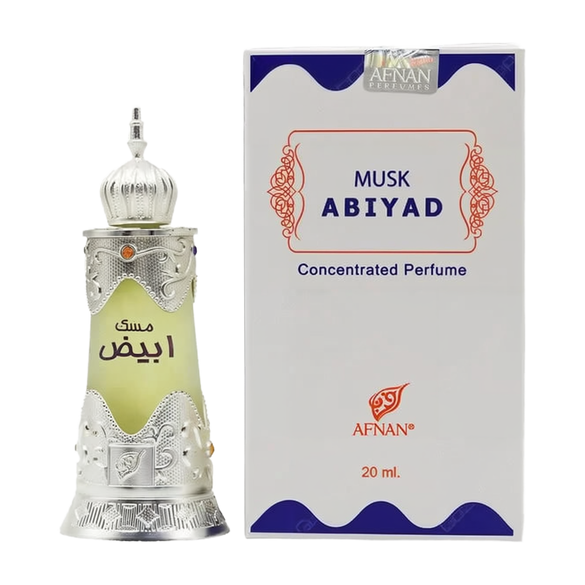 The image shows a bottle of "Musk Abiyad" concentrated perfume by Afnan Perfumes, next to its packaging. The perfume bottle appears to have a traditional design with a silver metallic finish and intricate decorative patterns, topped with a dome-shaped cap. It has a label with Arabic script in green, hinting at the fragrance's oriental inspiration. The white and blue color scheme of the box contrasts with the silver and green of the bottle, making it stand out.