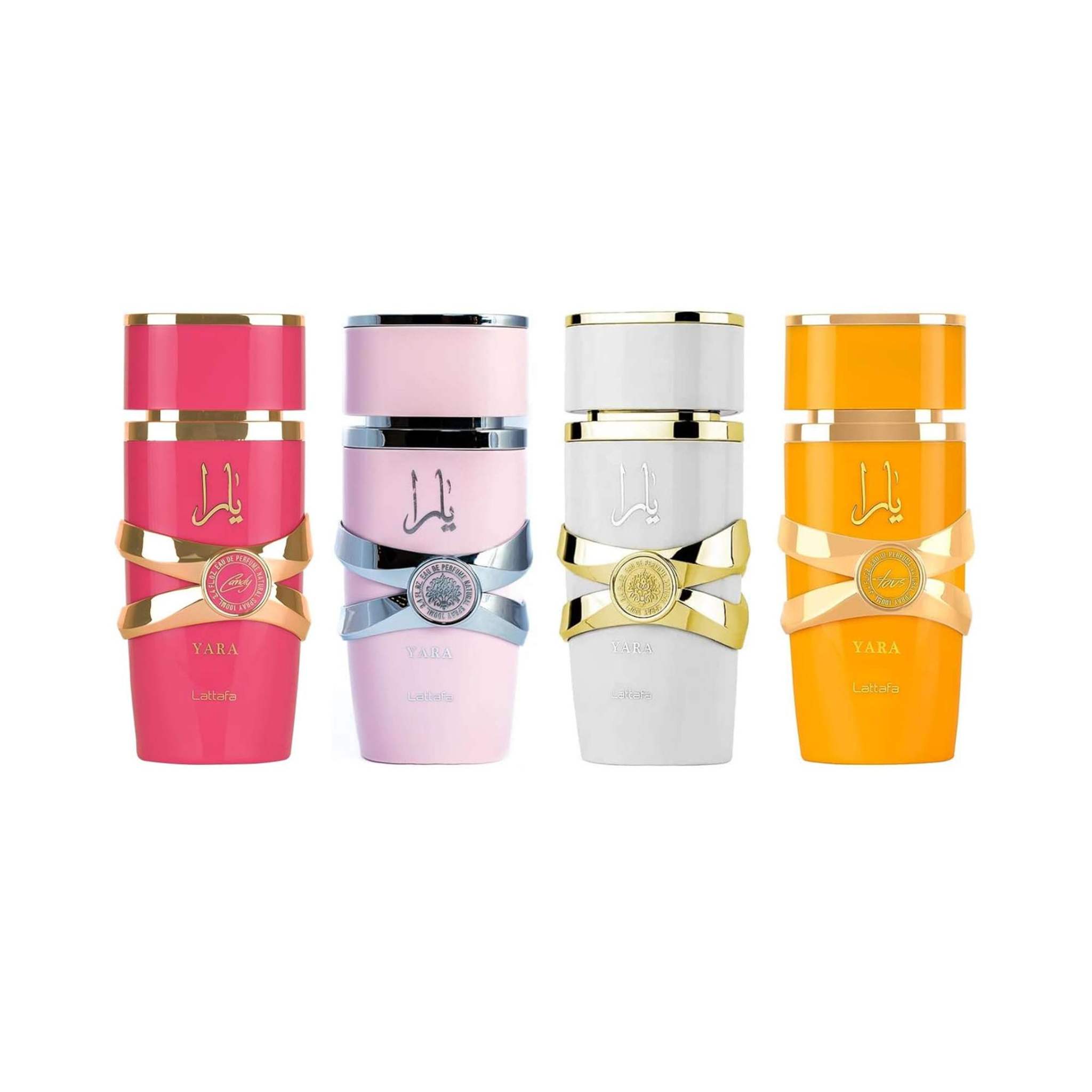 Lattafa Yara perfume collection with four bottles in pink, light pink, white, and orange.