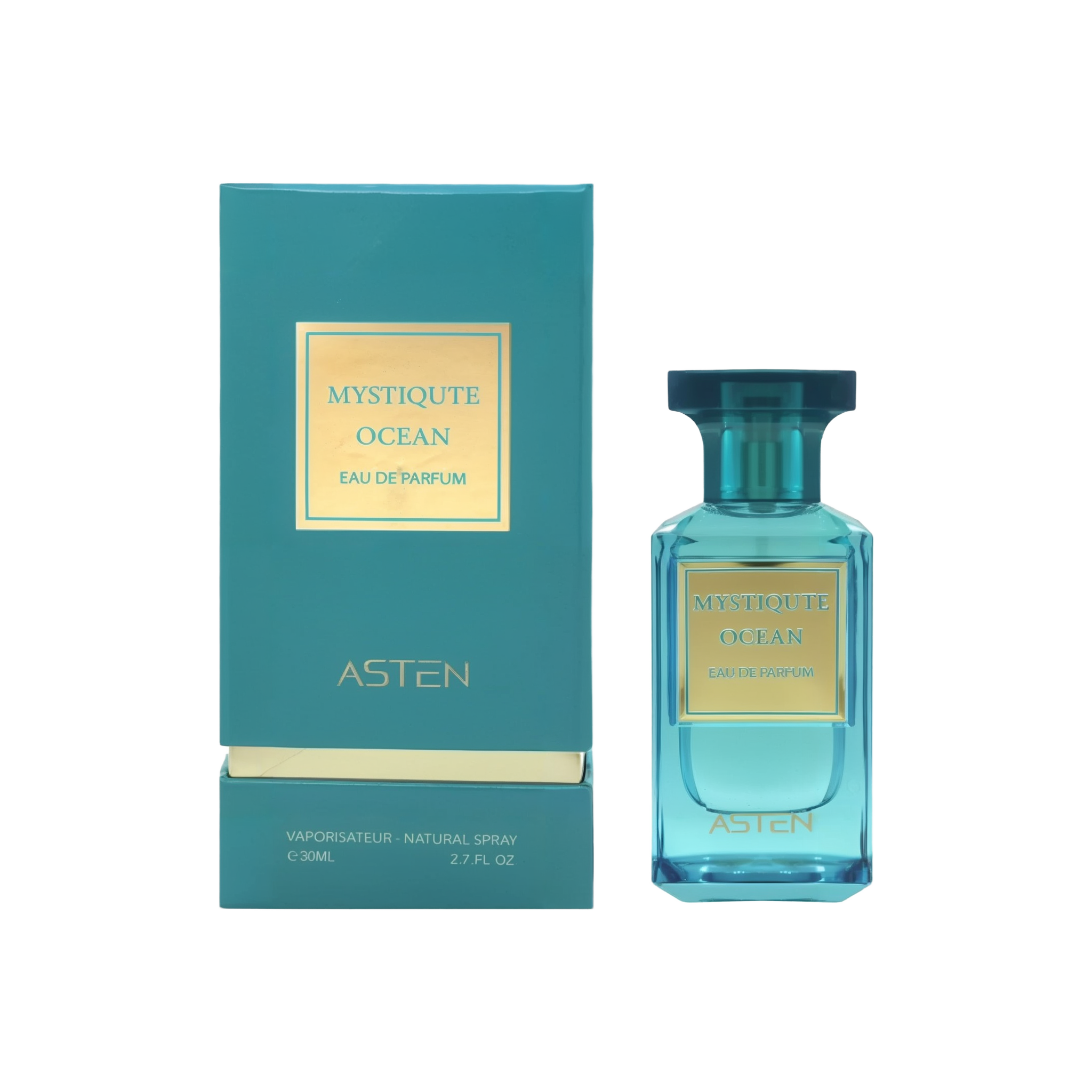 A rectangular teal box with gold accents reading “Mystiqtue Ocean Eau de Parfum” stands beside a matching teal glass perfume bottle. The bottle features a squared top and the brand name “Asten” in gold lettering.