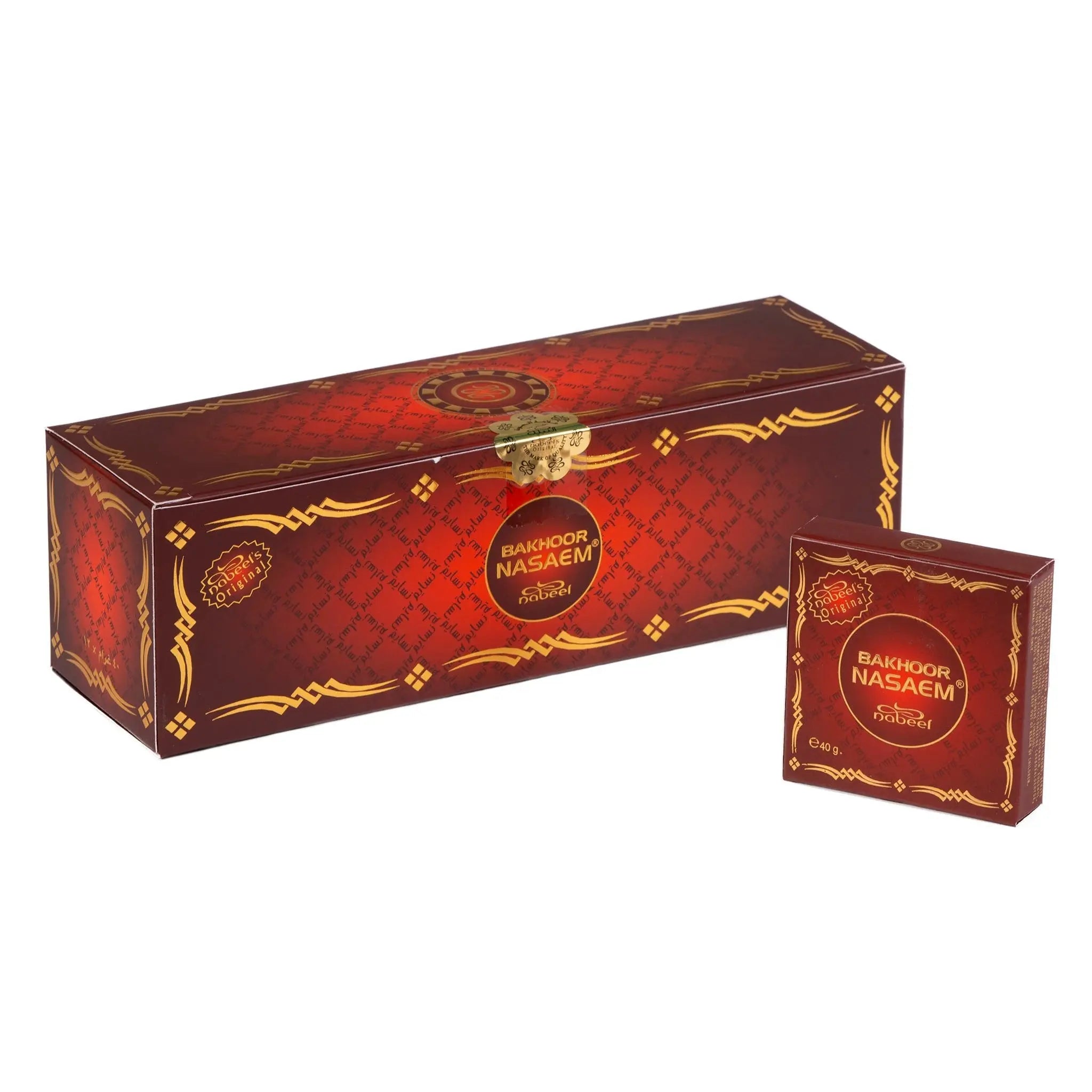 The image shows two boxes of "Bakhoor Nasaem" by Nabeel Perfumes. The boxes have a rich maroon color with intricate golden patterns and Arabic calligraphy. The larger box, likely designed for multiple bakhoor packets, features a circular design in the center with the brand's seal. The smaller box, possibly for individual sale, has the product name in both Arabic and English with the weight "40g" noted on it.