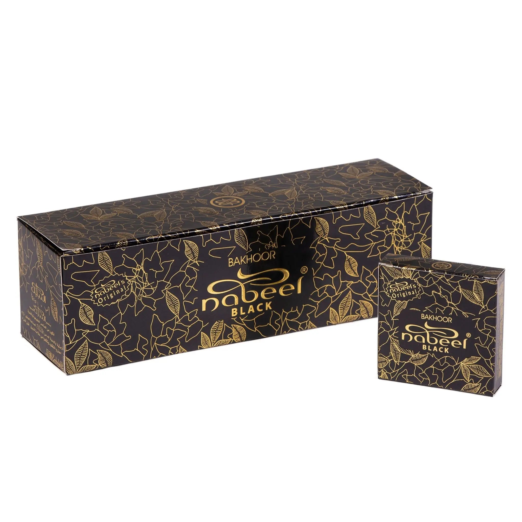 The image displays two boxes of 'Nabeel Bakhoor Black' incense products. The larger box is elongated, while the smaller one is a square shape, both featuring a black background with gold leaf patterns. The boxes have golden text that reads "Bakhoor Nabeel Black" with additional decorative elements around the text. The design conveys a sense of luxury and traditional fragrance aesthetics.