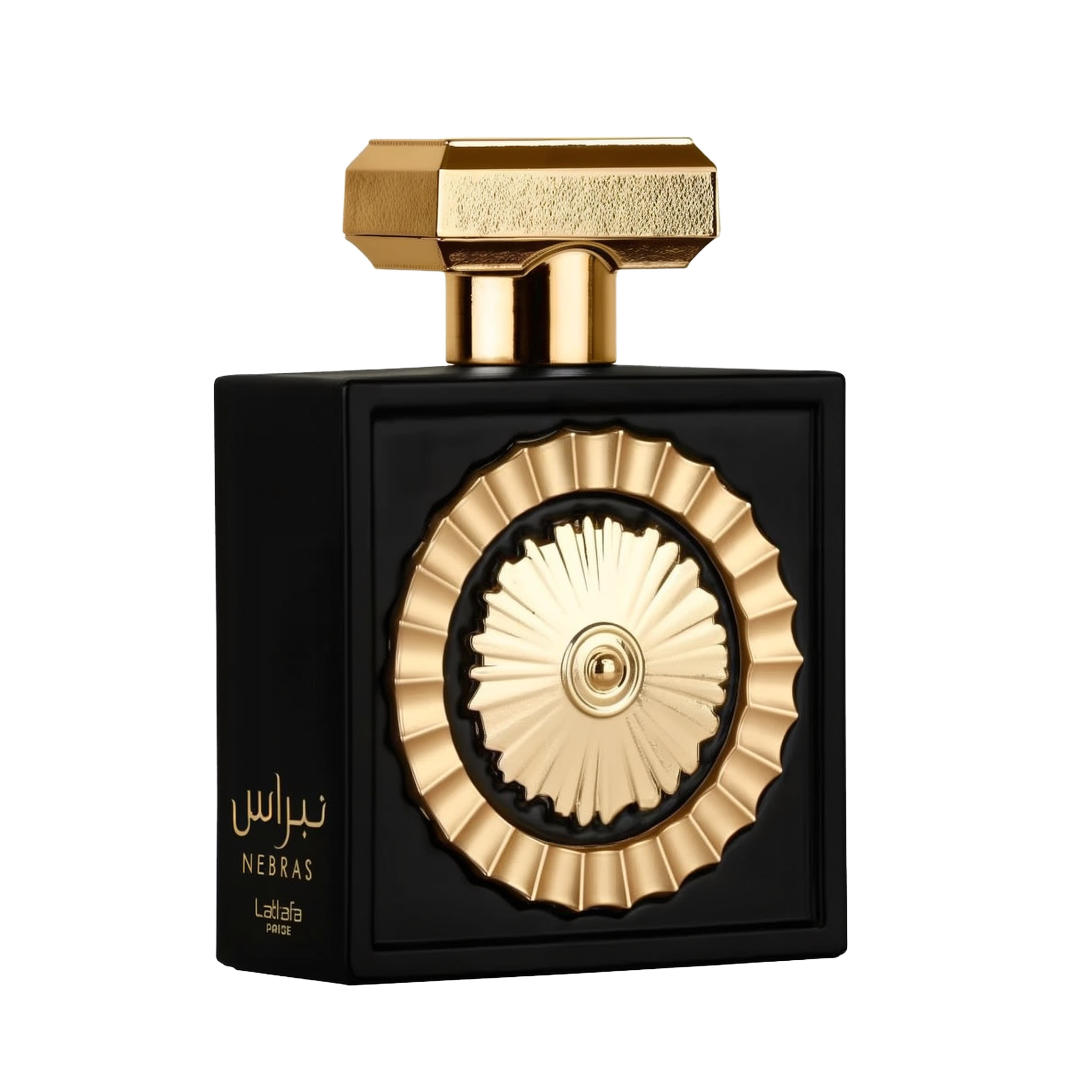 The image features a sophisticated perfume bottle with a black rectangular body and a distinctive golden circular motif in the center, resembling a sun or wheel design. The bottle has a textured gold cap with geometric shapes. Arabic script on the bottom