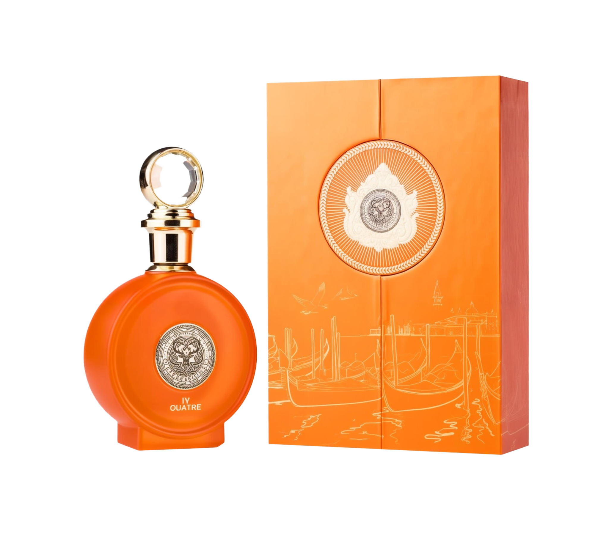 A round, bright-orange perfume bottle with a gold medallion on its front, a circular crystal-topped cap, and matching orange packaging featuring gold accents and a delicate coastal illustration.
