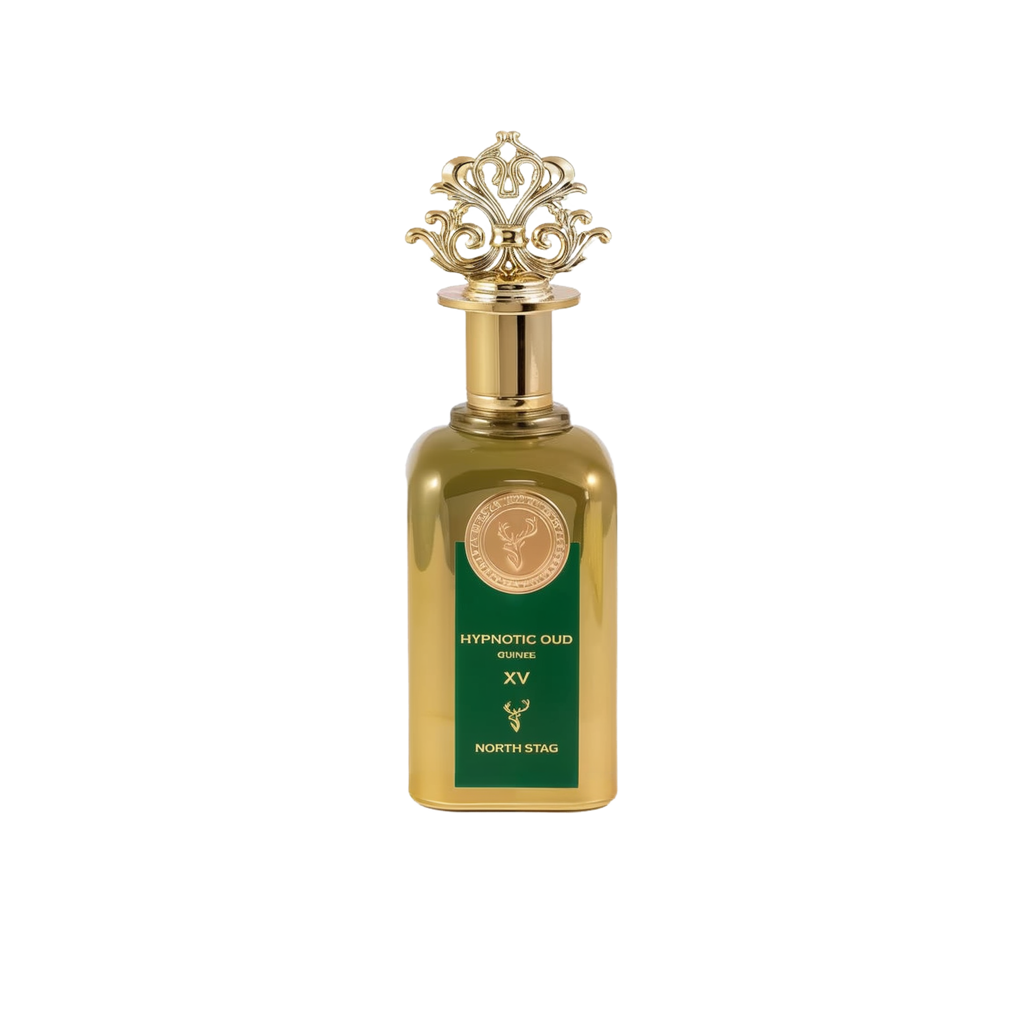 A luxurious gold perfume bottle labeled "Hypnotic Oud Quinze XV" by North Stag, a Paris Corner product. The bottle has a reflective, polished gold surface with a green label featuring gold text and a stag logo at the bottom. A medallion with intricate des