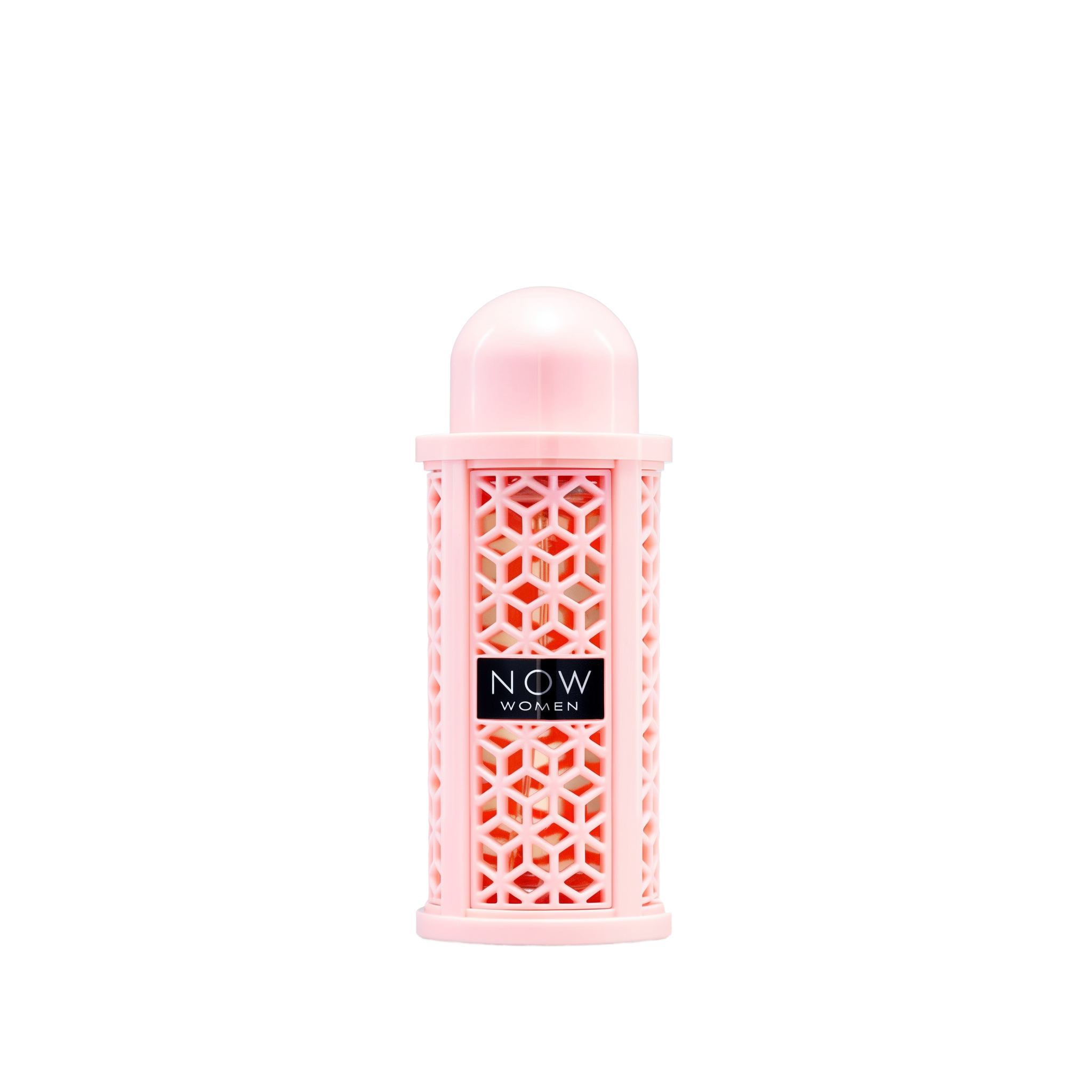 A cylindrical pink perfume bottle with a domed cap and a geometric lattice design, labeled ‘Now Women’ by Rave Lattafa.