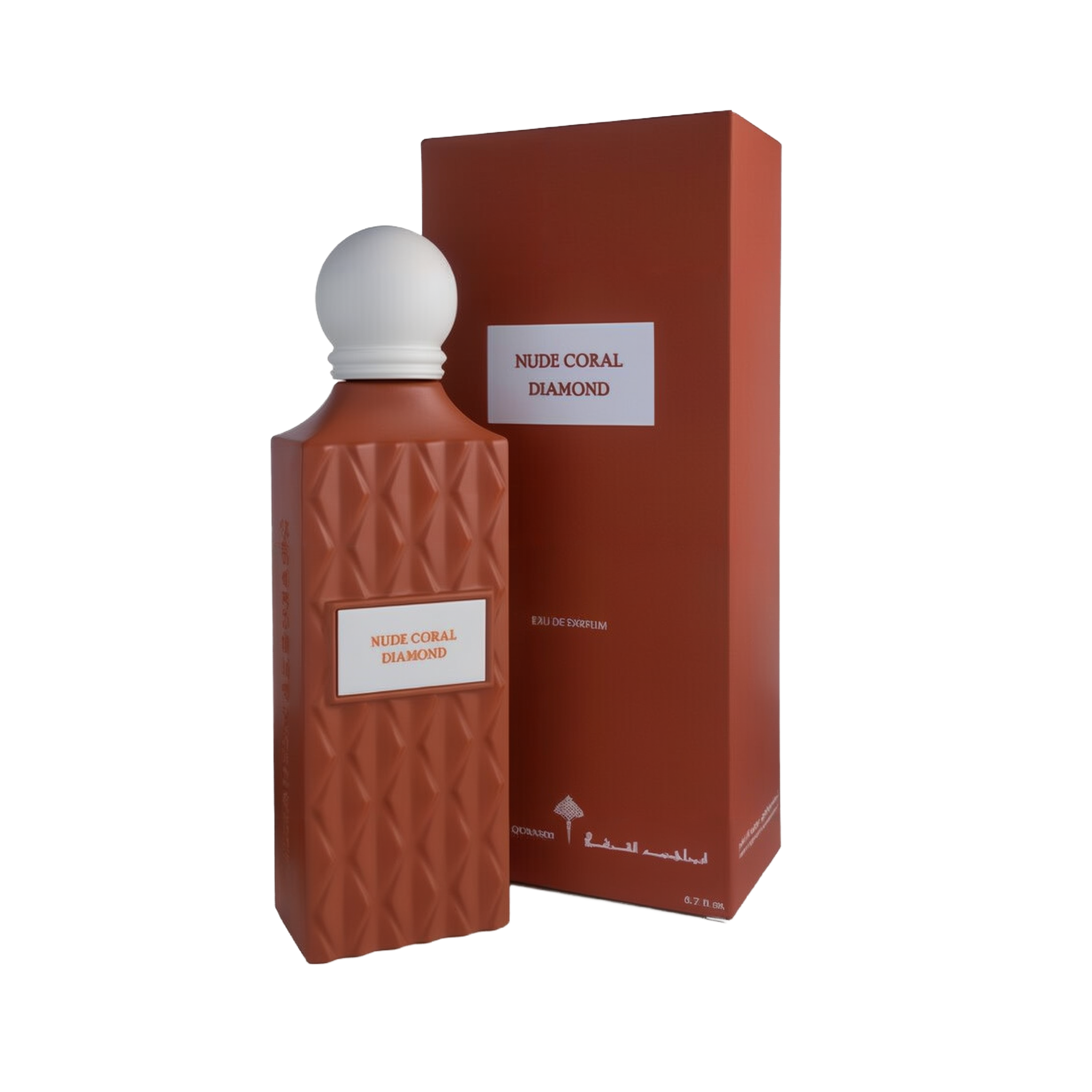 A sophisticated bottle of Nude Coral Diamond Eau e Parfum by Ibraheem Al-Qurashi, displayed next to its matching box. The bottle features a matte, coral-colored geometric texture with a diamond pattern and a white rectangular label that reads 'NUDE CORAL DIAMOND' in red text. It is topped with a smooth, rounded white cap. The packaging mirrors the coral color and minimalist aesthetic, with the same label and white brand markings near the base.