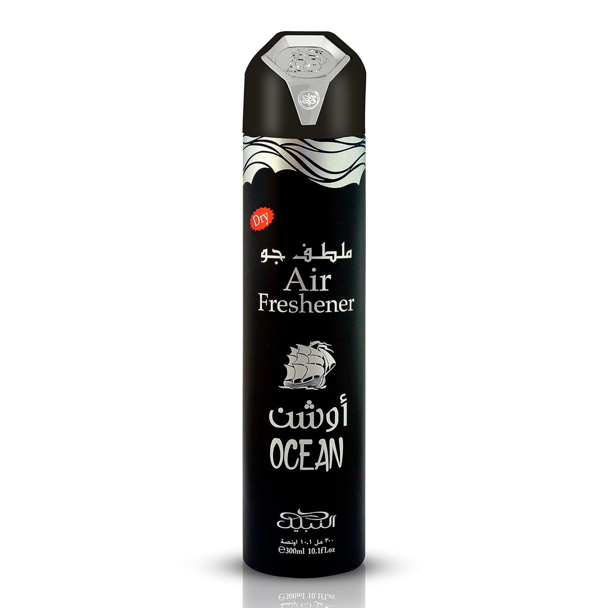 The image shows a canister of air freshener. The can is tall and cylindrical with a predominantly black background. It features the words "Air Freshener" in English at the top and "OCEAN" towards the bottom, suggesting that ocean is the scent of the product. There are also Arabic scripts present above the word "OCEAN." The top of the can has a plastic lid, which seems to have a silver-colored diamond pattern design. The brand logo and additional decorative elements are in gold, red, and white colors.