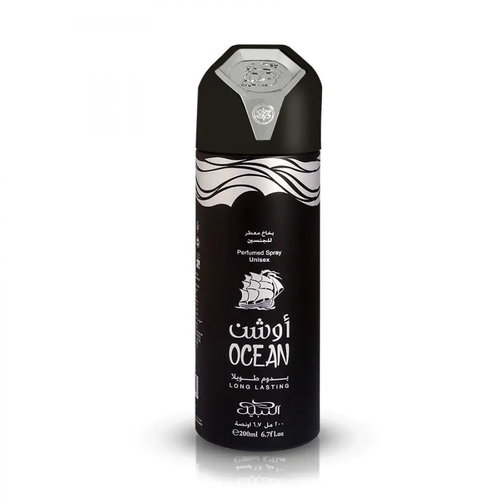 This image shows a cylindrical black aerosol can for a unisex perfumed spray named "OCEAN". The can's design includes a ship motif similar to the previous products, with wave-like patterns near the top. The cap is black with a transparent section revealing an embossed emblem. Arabic script is visible along with English, indicating the product's branding and capacity, which is "200ml / 6.7fl.oz." The label also mentions that the spray is long-lasting.