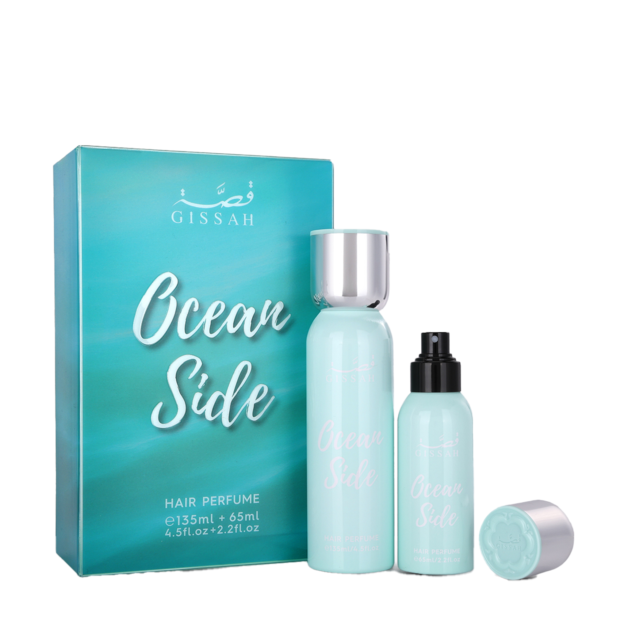 Light blue Gissah Ocean Side Hair Perfume set with two bottles and matching box ocean gradient design.