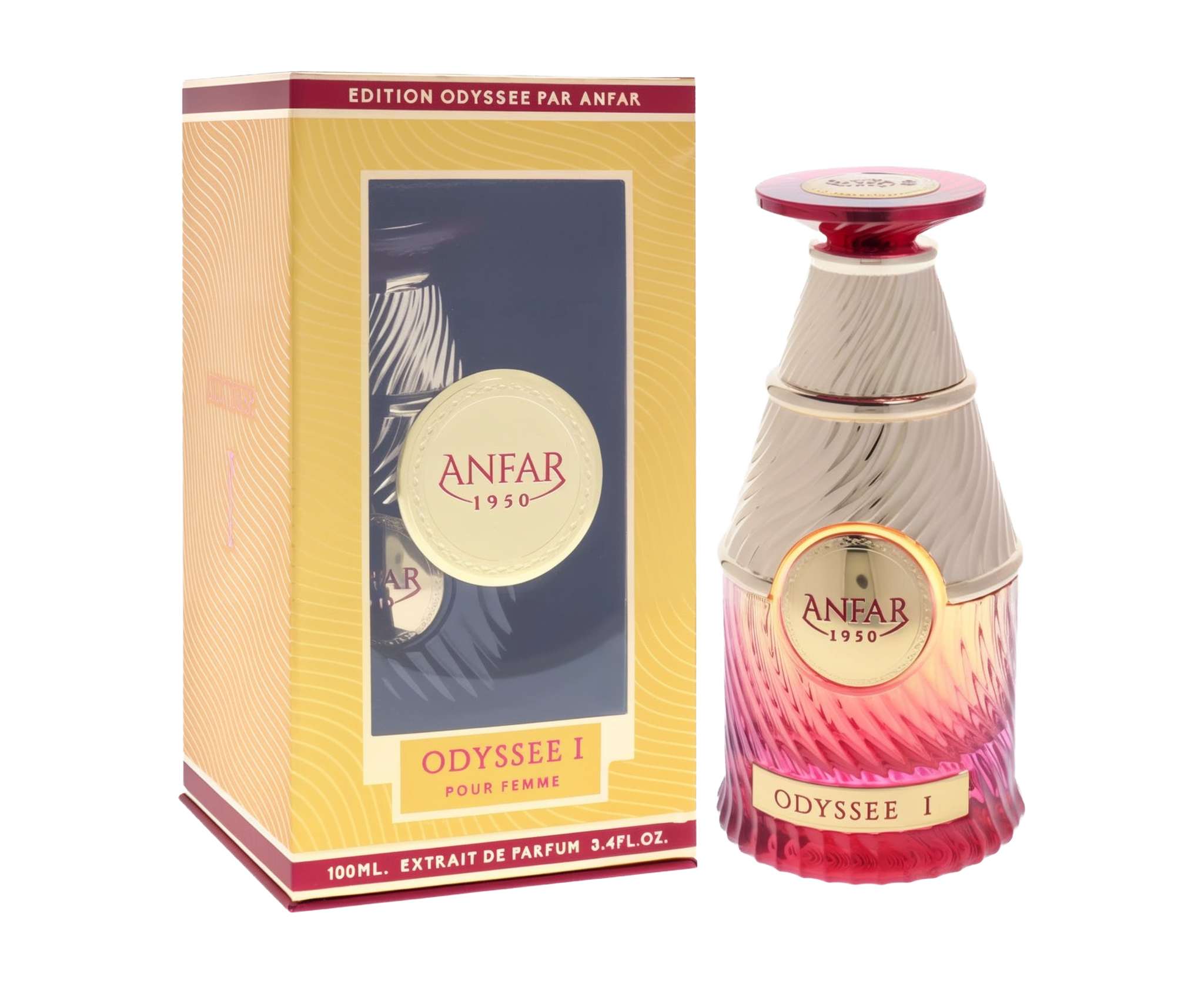 A decorative perfume gift set box next to a conical, gold-trimmed glass bottle that fades from deep red at the base to creamy ivory at the top, featuring the brand “ANFAR 1950” and the label “Odyssée I Pour Femme.