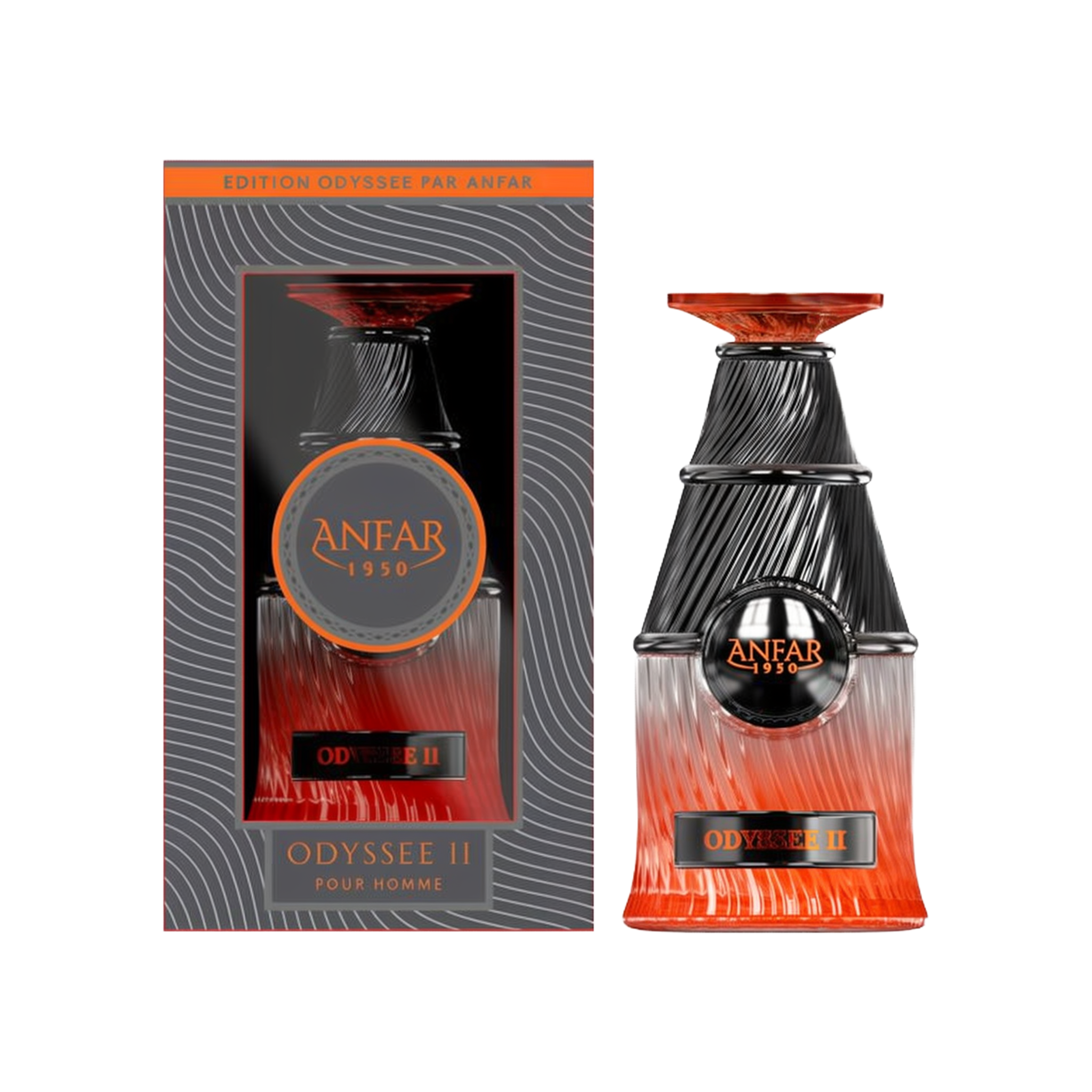 The image features the "Odyssey II Pour Homme Extrait De Parfum 100ml" by Anfar. The perfume bottle has a sleek, modern design with a gradient effect, transitioning from a bold orange at the base to a deep black at the top. The bottle's surface has a text