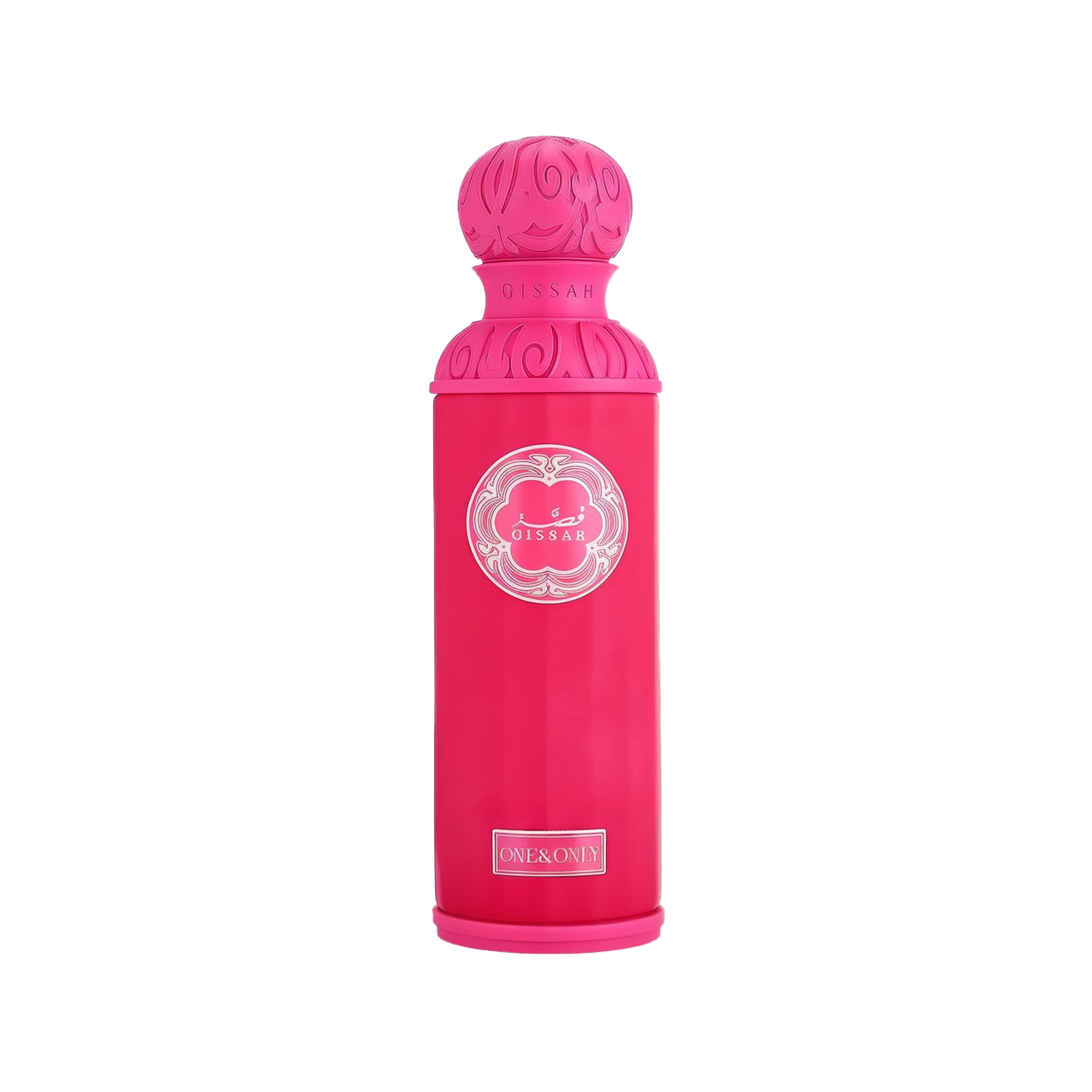 A vibrant pink cylindrical bottle of Gissah One & Only perfume spray. The bottle features intricate designs on the cap and neck, with a label showcasing the brand name "Gissah" and "One & Only" at the bottom.
