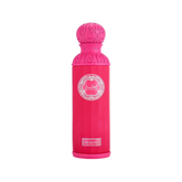 A vibrant pink cylindrical bottle of Gissah One & Only perfume spray. The bottle features intricate designs on the cap and neck, with a label showcasing the brand name "Gissah" and "One & Only" at the bottom.
