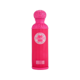 A vibrant pink cylindrical bottle of Gissah One & Only perfume spray. The bottle features intricate designs on the cap and neck, with a label showcasing the brand name "Gissah" and "One & Only" at the bottom.