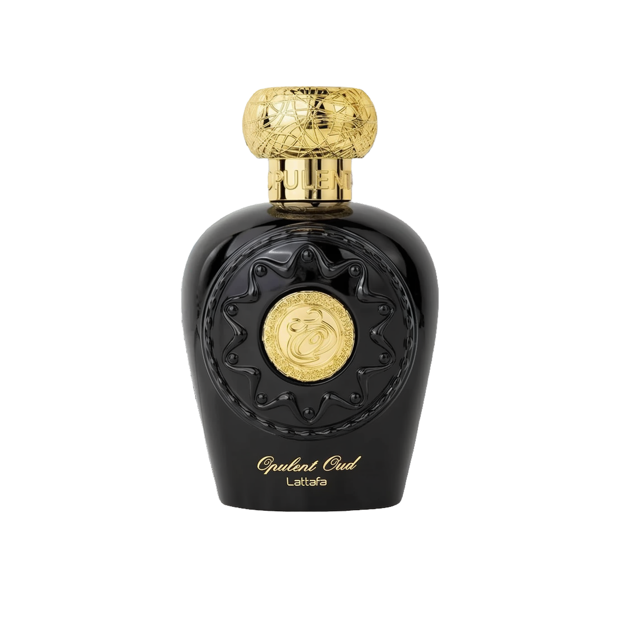 Image of Opulent Oud Eau de Parfum by Lattafa. The bottle is showcased individually, emphasizing its sleek black design with a rich golden cap and a central golden medallion. The bottle's intricate detailing around the medallion, coupled with the 'Opulent