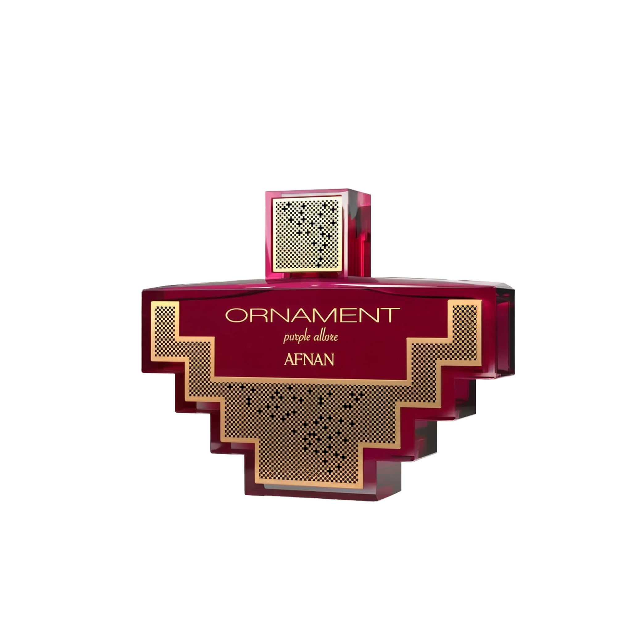 The image shows a perfume bottle with a distinctive design. The bottle is a deep purple color with a complex, geometric shape reminiscent of an ornament or a cross with stepped arms extending from the central square. The center of the bottle features a patterned gold grid design that contrasts with the purple. The cap is square and mirrors the same gold grid pattern.