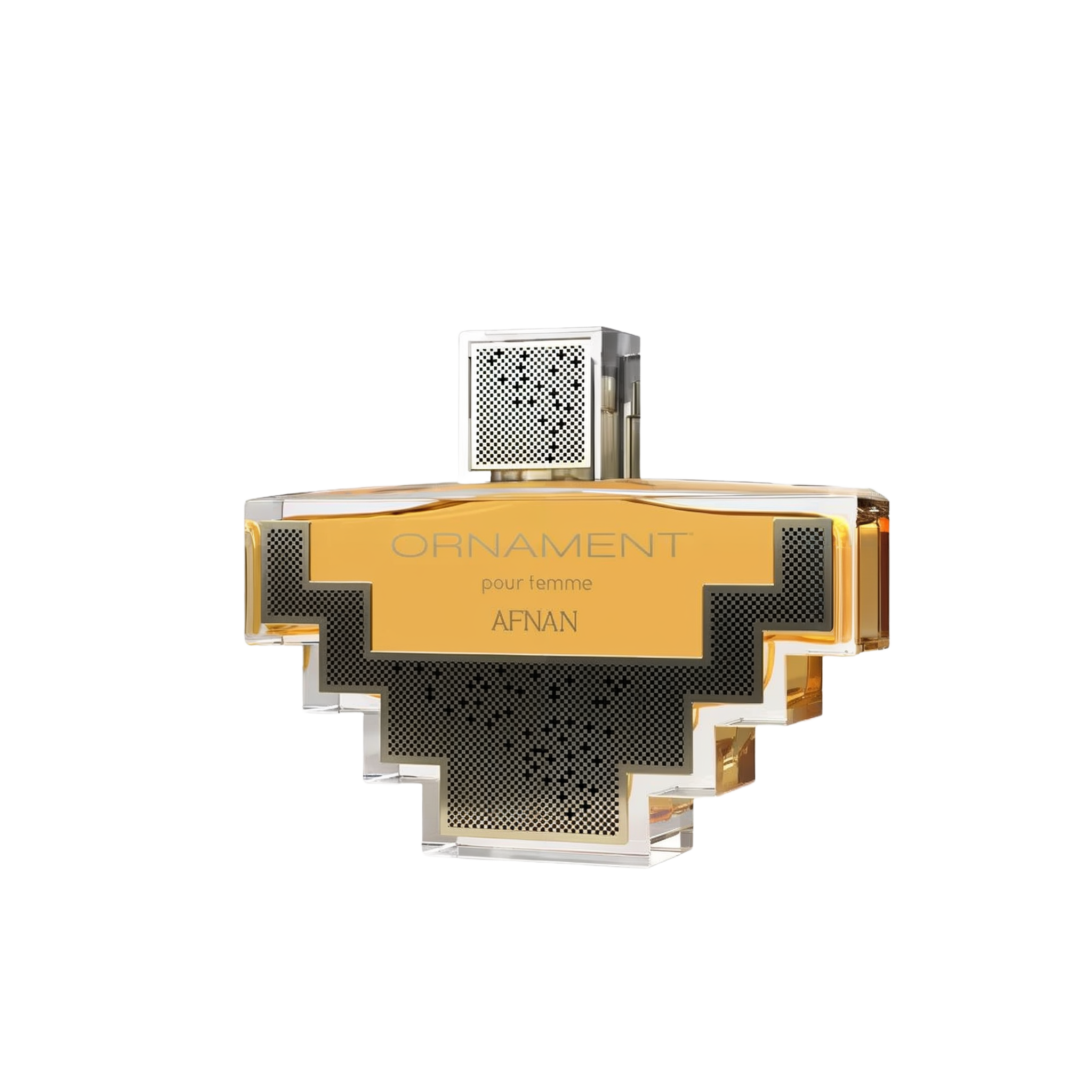 A uniquely designed perfume bottle of "Ornament Pour Femme" by Afnan. The bottle features a geometric silhouette.