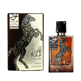 This image displays the "Oud Lail Maleki" perfume by Lattafa. The packaging features a dark background with a striking gold and black depiction of a rearing horse, adorned with intricate Arabic calligraphy. The same design is replicated on the amber-colored glass bottle, which has a black cap and gold accents, including the name of the perfume in both Arabic and English script. The label "Lail maleki" is prominently displayed below the horse on both the packaging and the bottle.