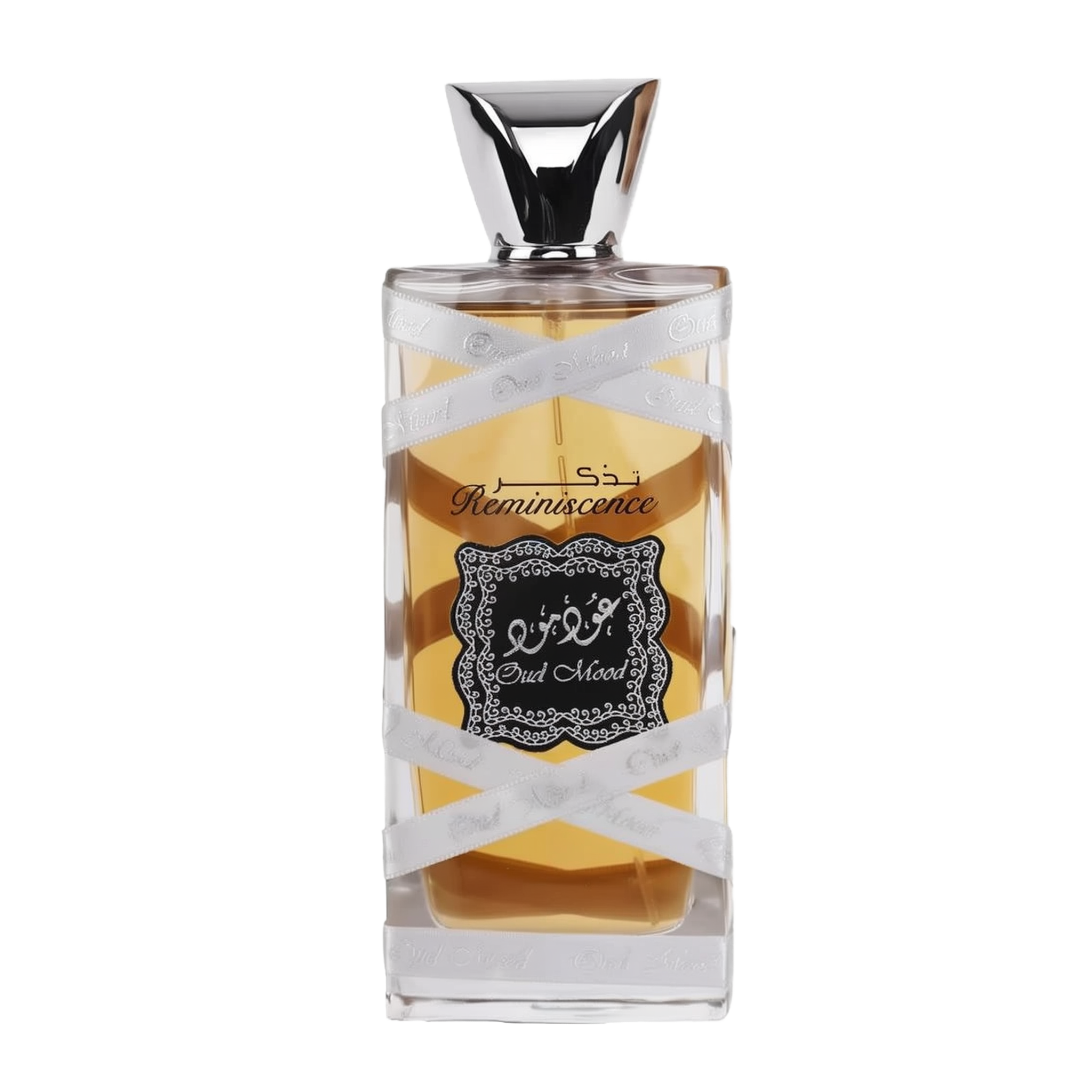 The image displays a perfume bottle with the following attributes: The bottle is rectangular with a clear glass design, allowing a view of the amber-colored perfume inside. A silver ribbon with the words "Oud Mood" printed in a repeating pattern wraps around the bottle. The central label is ornate with a black background and white decorative border; it features Arabic calligraphy and the word "Reminiscence" in English script.