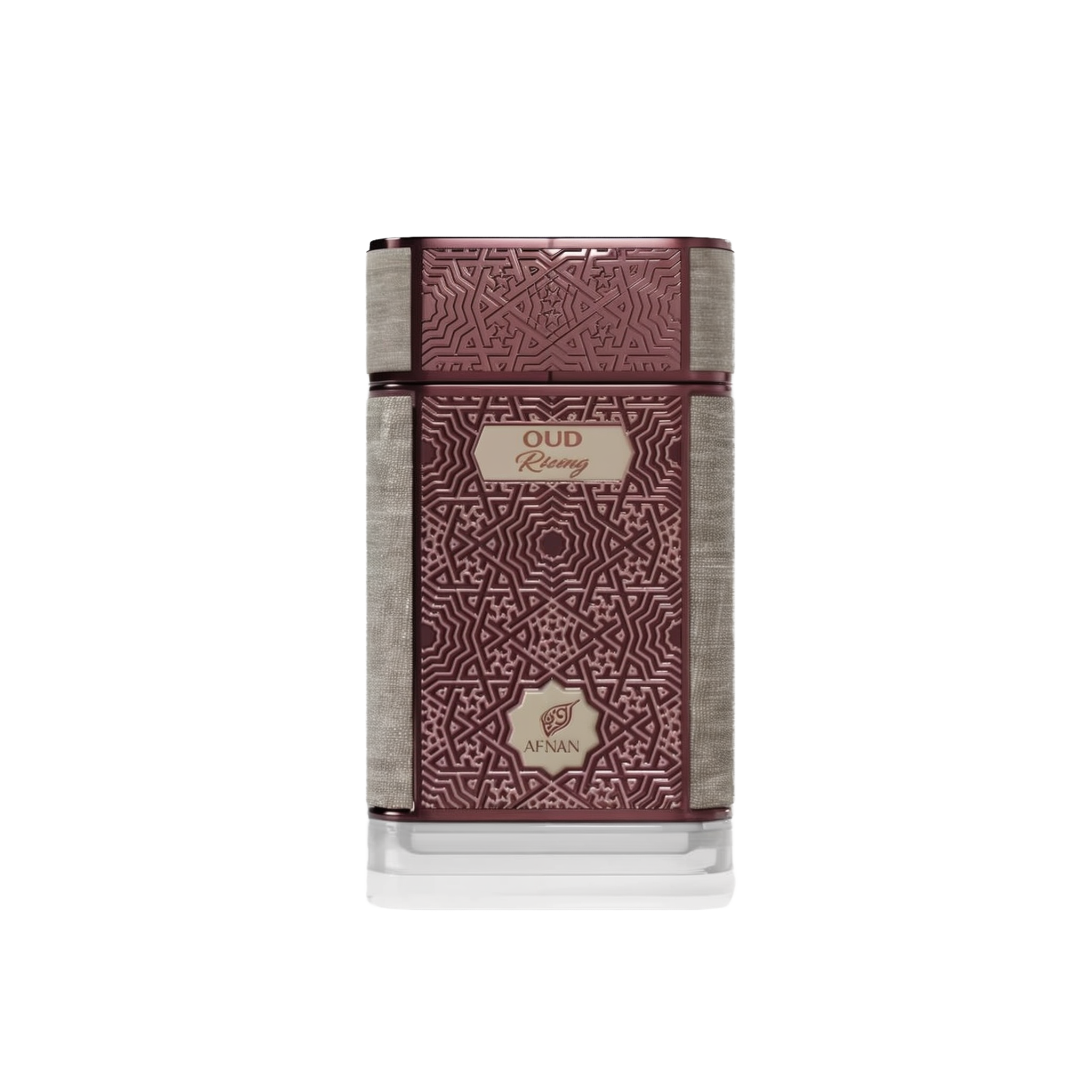 The image shows a rectangular perfume bottle with a sophisticated design. The bottle is predominantly a rich, dark maroon color with intricate, embossed geometric patterns that give it a textured look. There is a silver-colored, textured band that wraps horizontally around the bottle, dividing it roughly into thirds. Above this band is the brand name "AFNAN" in a stylized emblem, and below it is the fragrance name "OUD Rising" in a simple, elegant font on a cream-colored label.