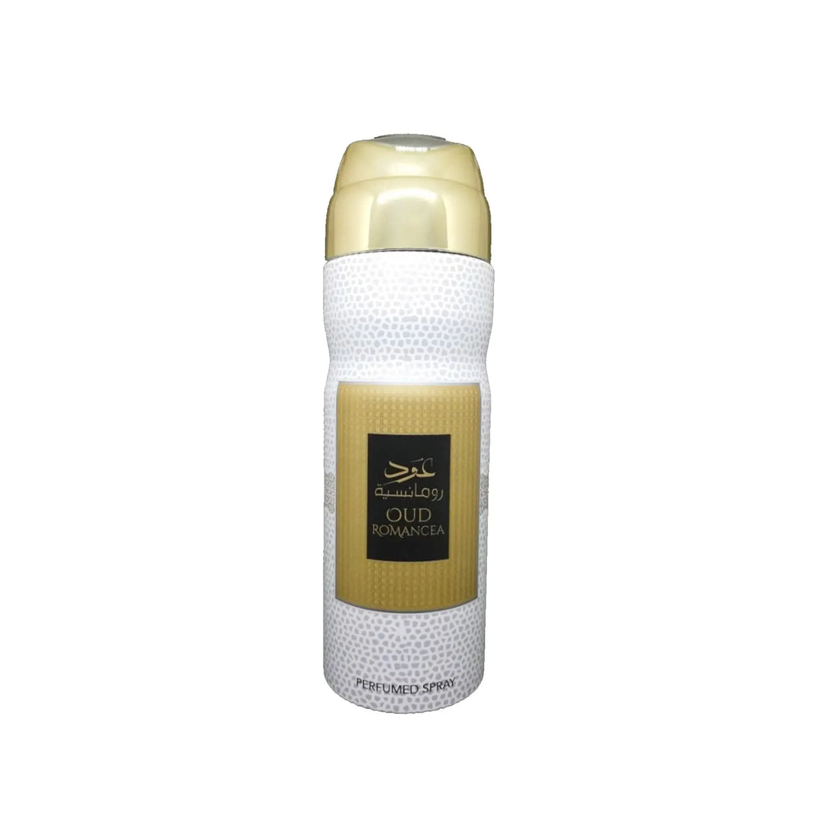 The image shows a cylindrical bottle of "OUD ROMANCEA" perfumed spray. The bottle has a white textured body with a beige label featuring the product name in both Arabic and English in black letters set against a gold background. The cap of the bottle is a smooth, shiny gold, giving a luxurious feel to the product. Below the label, the words "PERFUMED SPRAY" are printed in small, black letters.