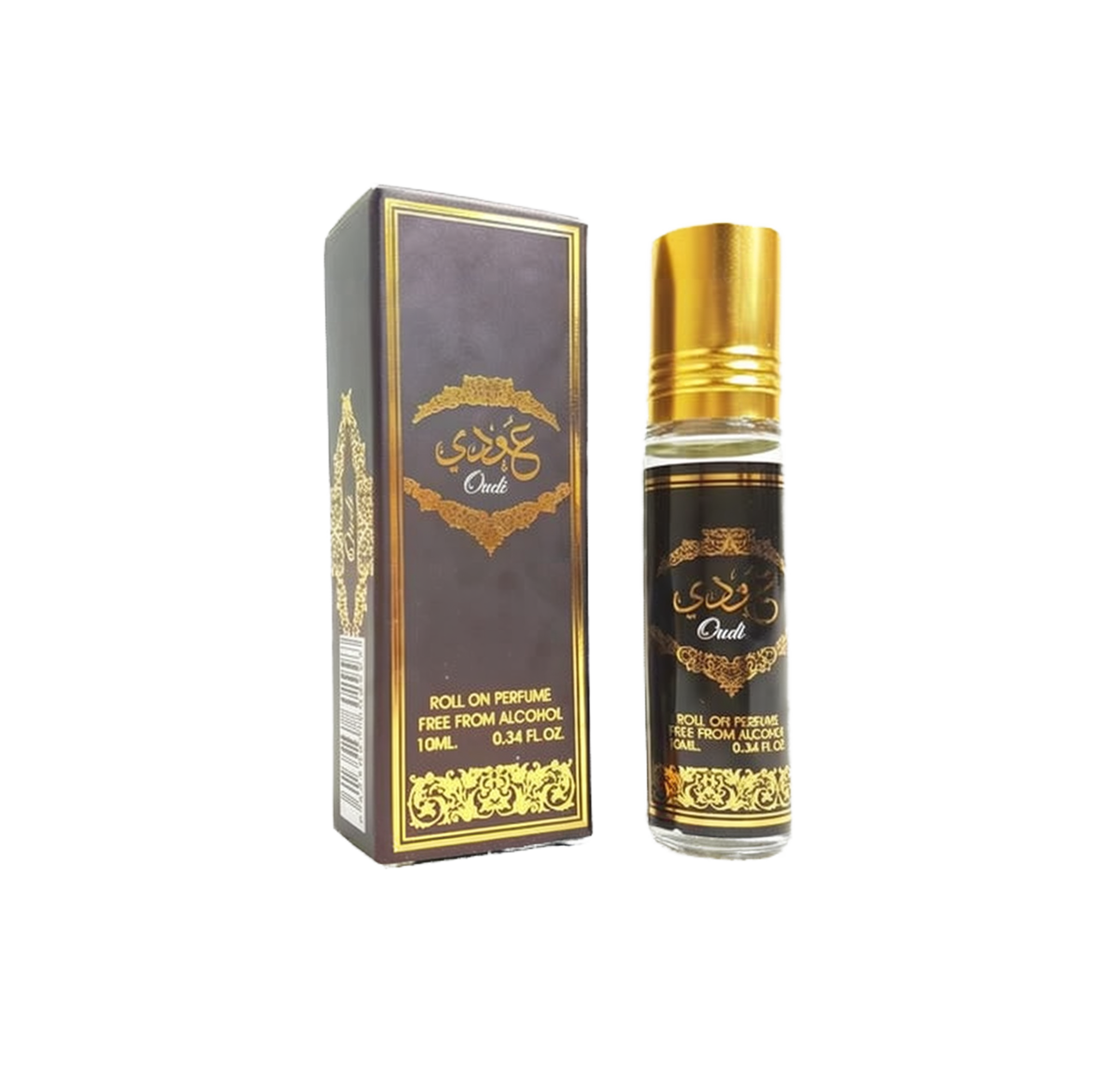 Oudi Roll-On Perfume by Ard Al Zaafaran, featuring a 10ml glass bottle with a gold cap and intricate gold design on the label. The perfume is alcohol-free and comes in a sleek, dark brown box adorned with gold detailing.