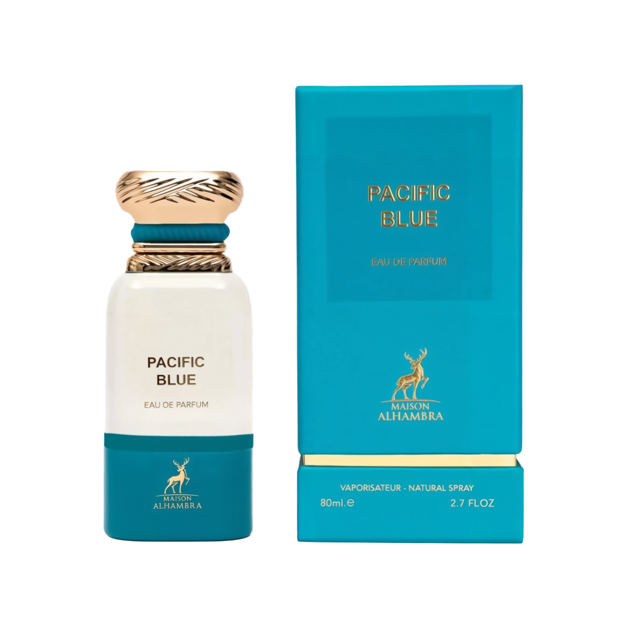A cylindrical white perfume bottle with a gold and teal cap labeled ‘Pacific Blue Eau De Parfum’ by Maison Alhambra, shown next to its matching teal box with gold lettering and a deer logo."