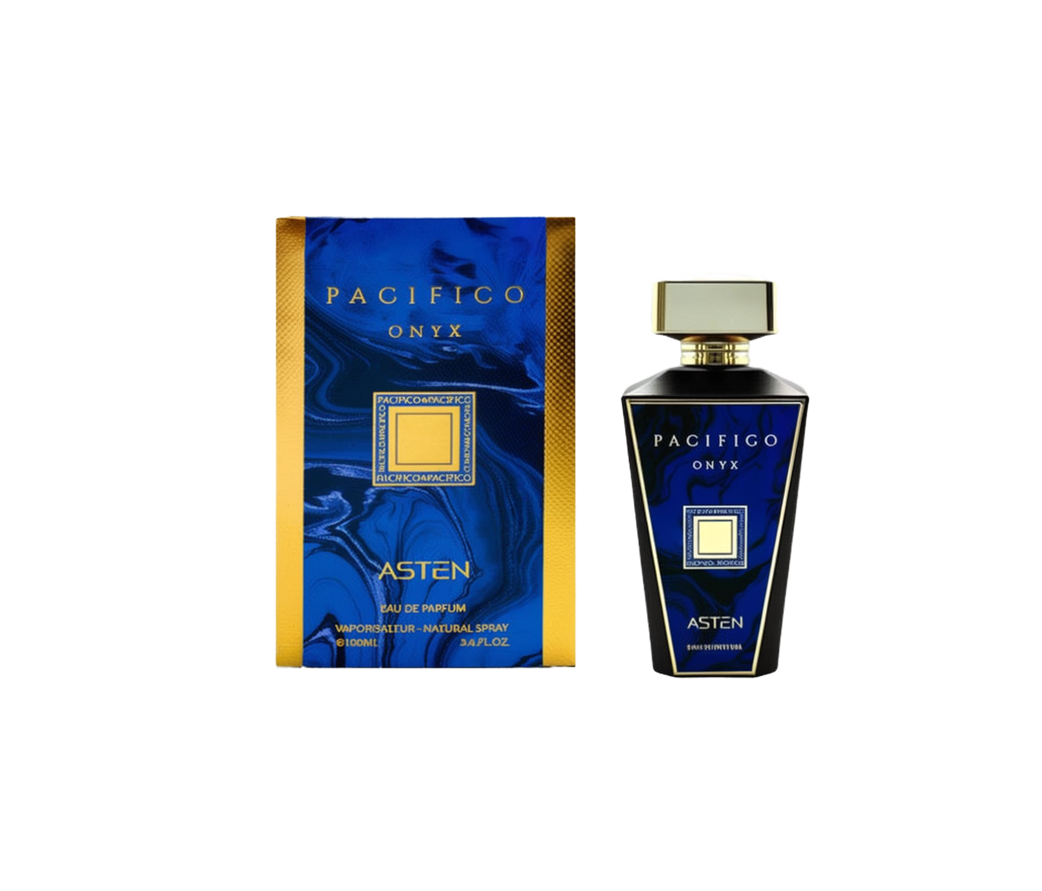 A black rectangular perfume box with a vivid blue marbled front panel and gold text reading “PACIFICO ONYX.” Next to it is a tall, black perfume bottle featuring the same marbled blue label, topped with a gold cap, and branded “Asten Eau De Parfum.”