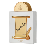 Lattafa Peace & Love perfume bottle in white and gold with scroll and quill design.
