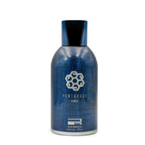 The image shows a bottle of "Penthouse Ginza" perfume spray by Rue Broca. The bottle is cylindrical and tapers slightly towards the top, with a dark blue cap. The body of the bottle has a textured metallic blue finish that mimics a woven or crosshatched pattern. A white logo resembling a hexagonal molecule structure and the text "PENTHOUSE GINZA" are prominently displayed on the front. Below the logo, additional text reads "RUE BROCA PERFUME SPRAY".
