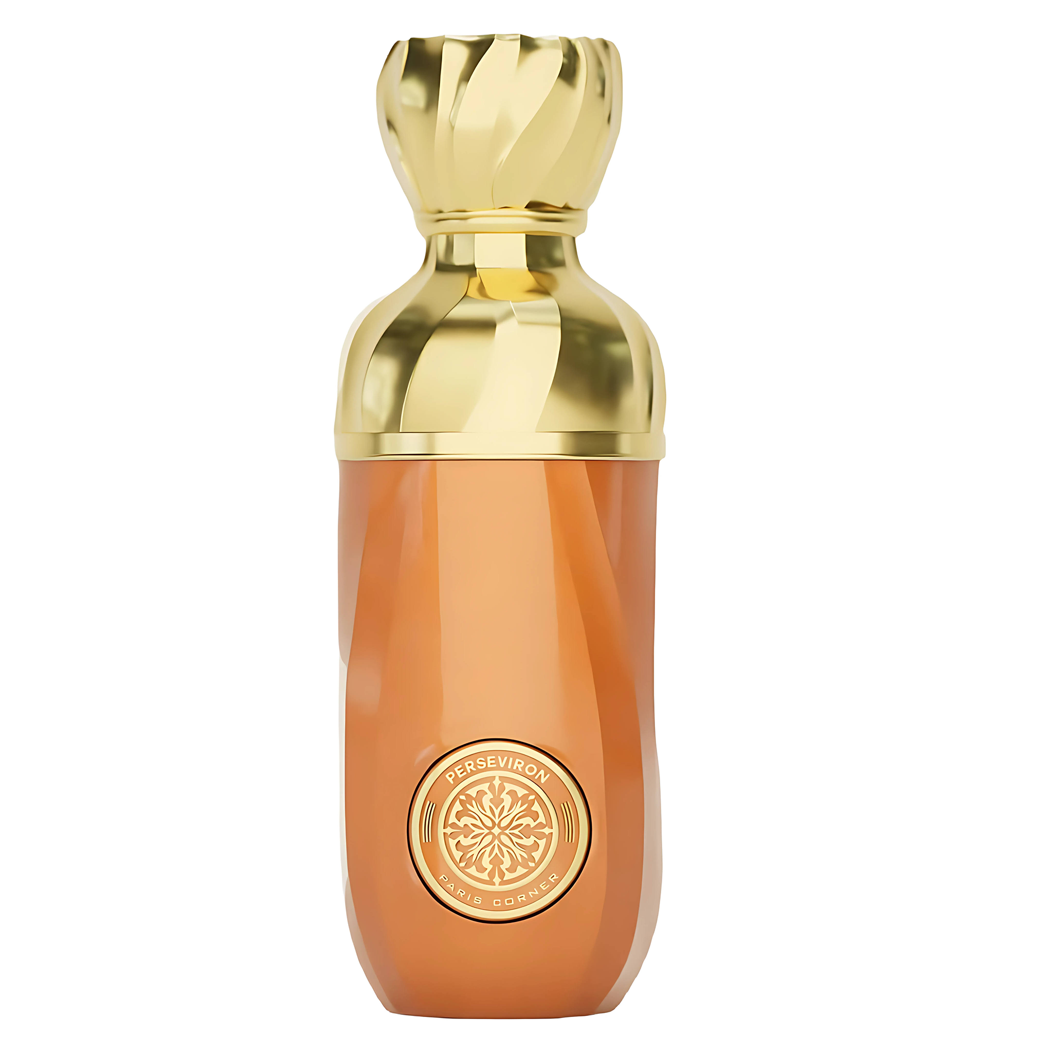 Amber-toned perfume bottle with gold cap and Perseviron Paris Corner emblem on front.