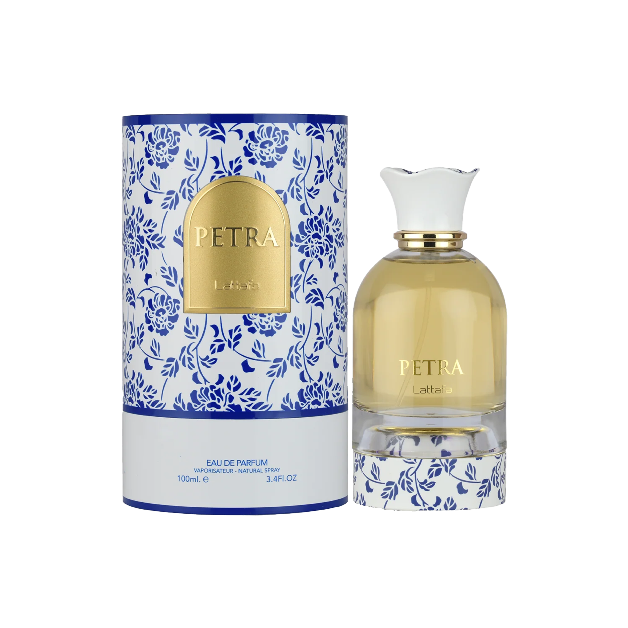 Lattafa Petra perfume bottle with white cap beside floral blue and white patterned cylindrical box.