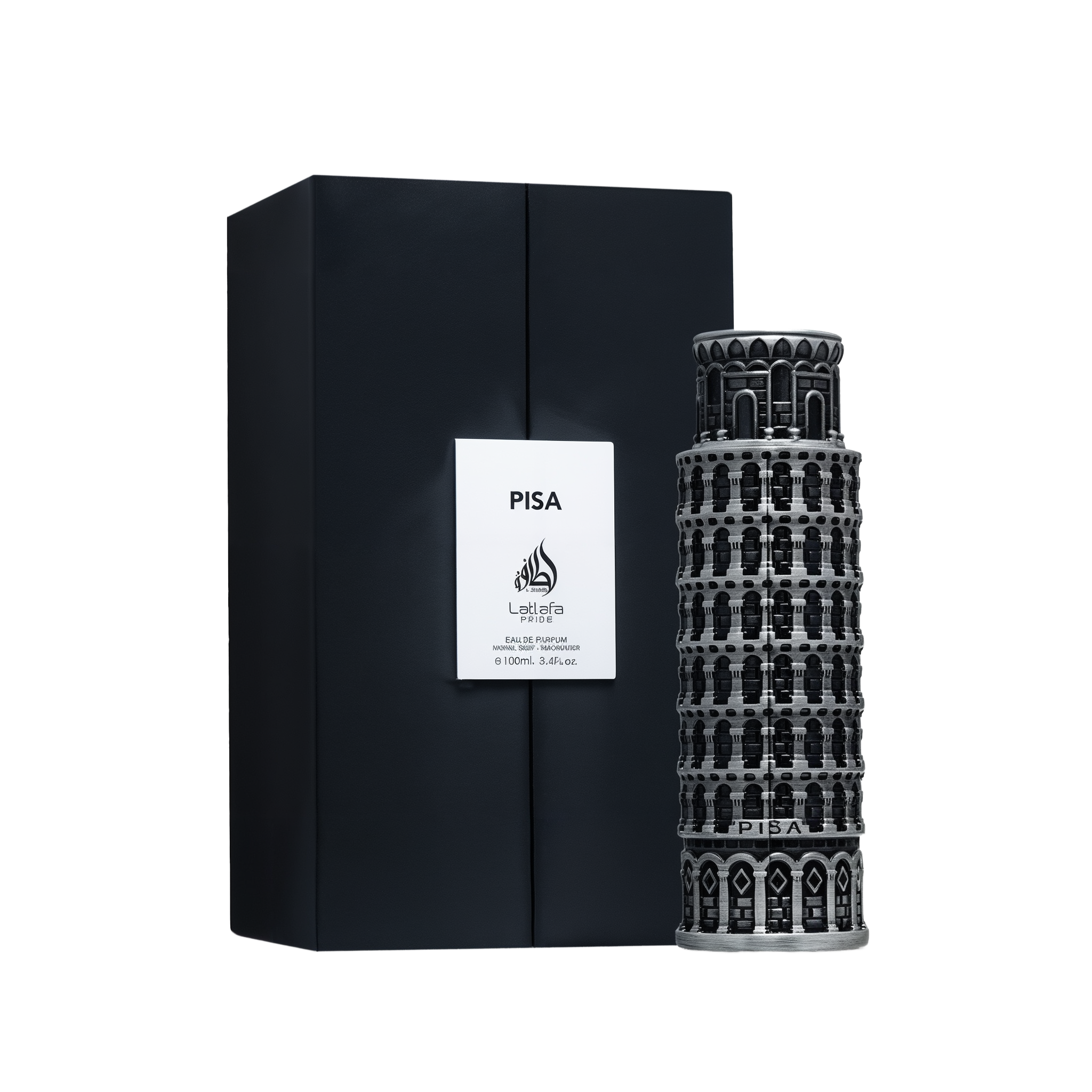 A tall, detailed perfume bottle shaped like the Leaning Tower of Pisa, featuring black and silver architectural accents, shown alongside a sleek black box labeled “PISA” and “Lattafa Pride” in white, indicating a 100ml Eau De Parfum