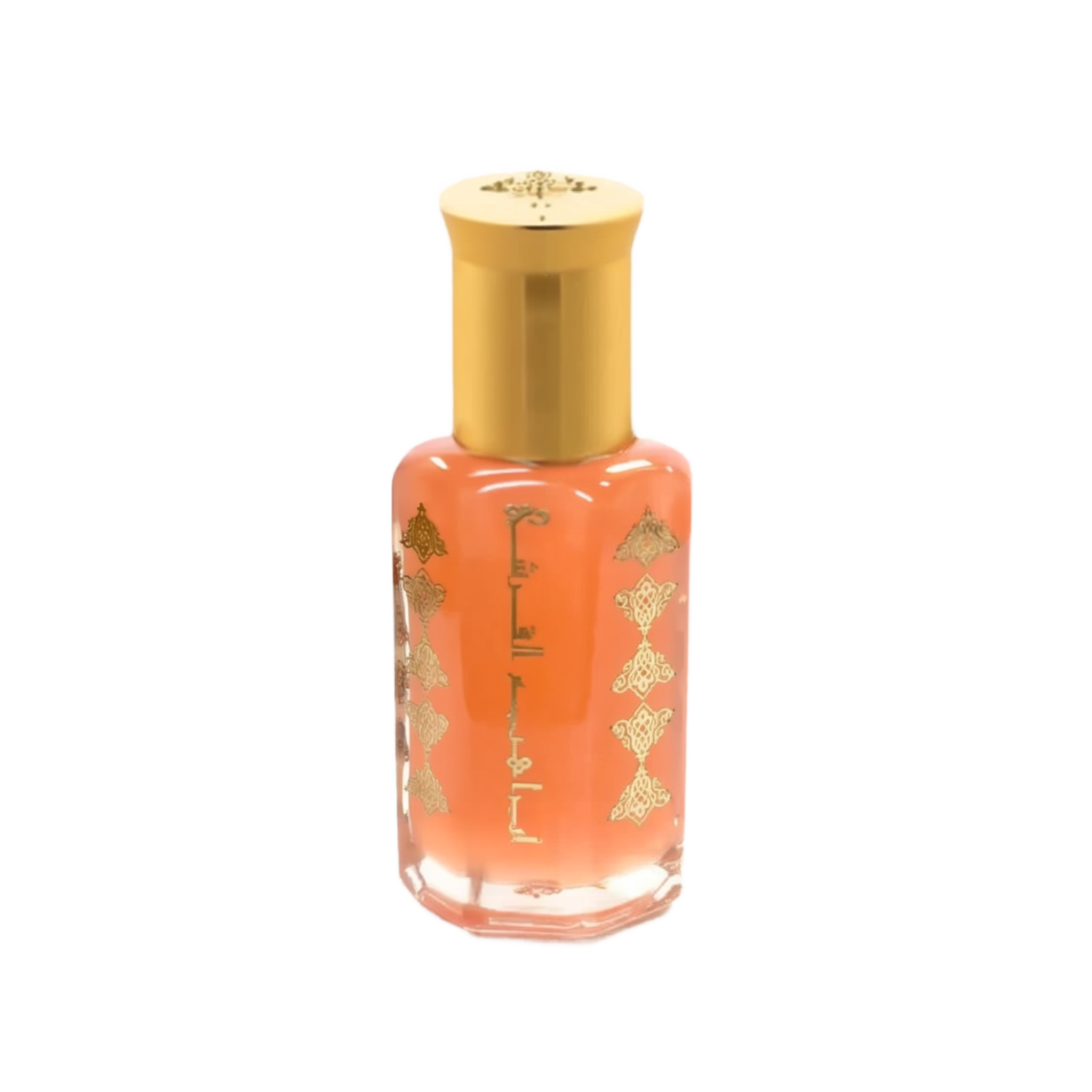 A transparent orange-hued bottle with a gold cap, decorated with golden Arabic calligraphy and intricate patterns. The design likely represents a scented oil or perfume, with the text and decorative elements suggesting a Middle Eastern origin or inspiration. The clear bottle allows the warm color of the liquid inside to be visible.