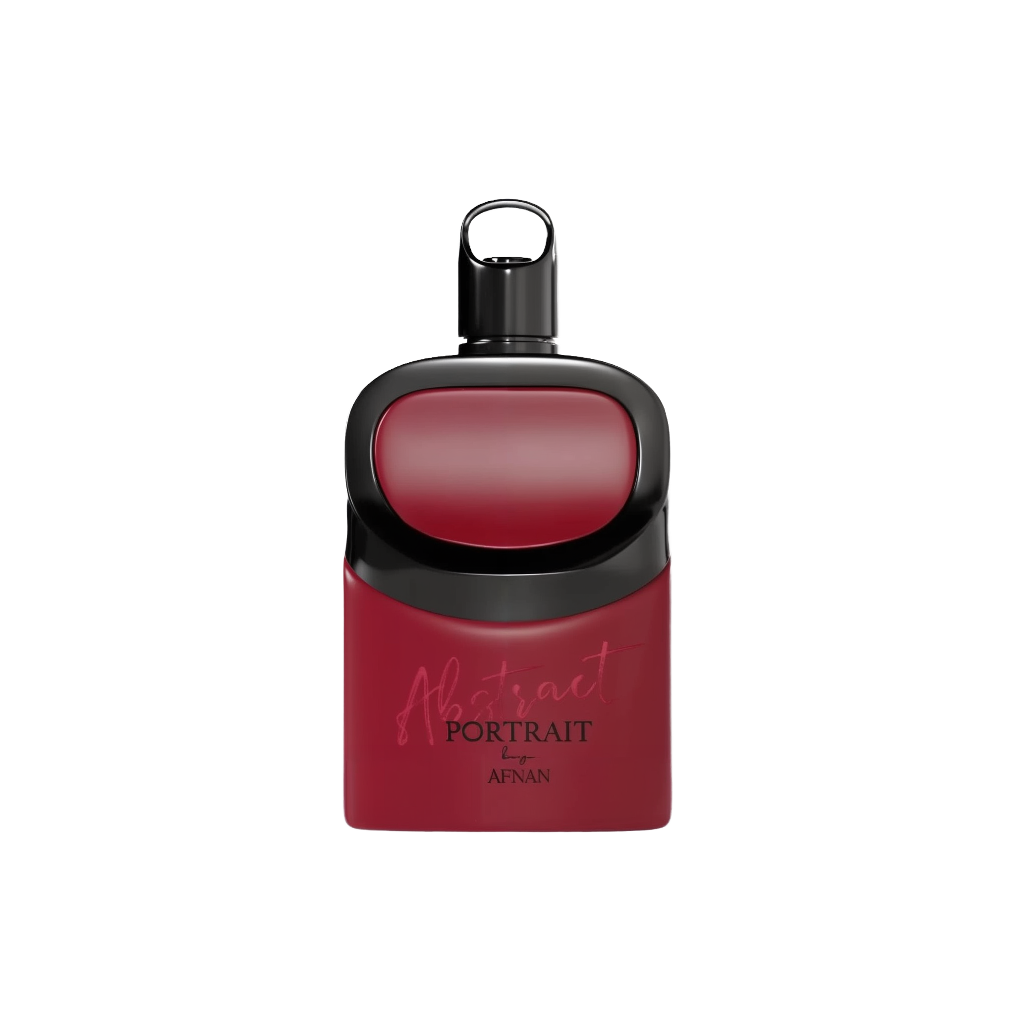 The image depicts a perfume bottle with a modern, minimalist design. The bottle is primarily deep red with a black cap and accent. The label on the front reads "Abstract Portrait" by Afnan. The bottle has a smooth, rounded shape with a matte finish, while the cap is glossy, creating a striking contrast. The overall look is sleek and contemporary, exuding a sense of elegance and sophistication.