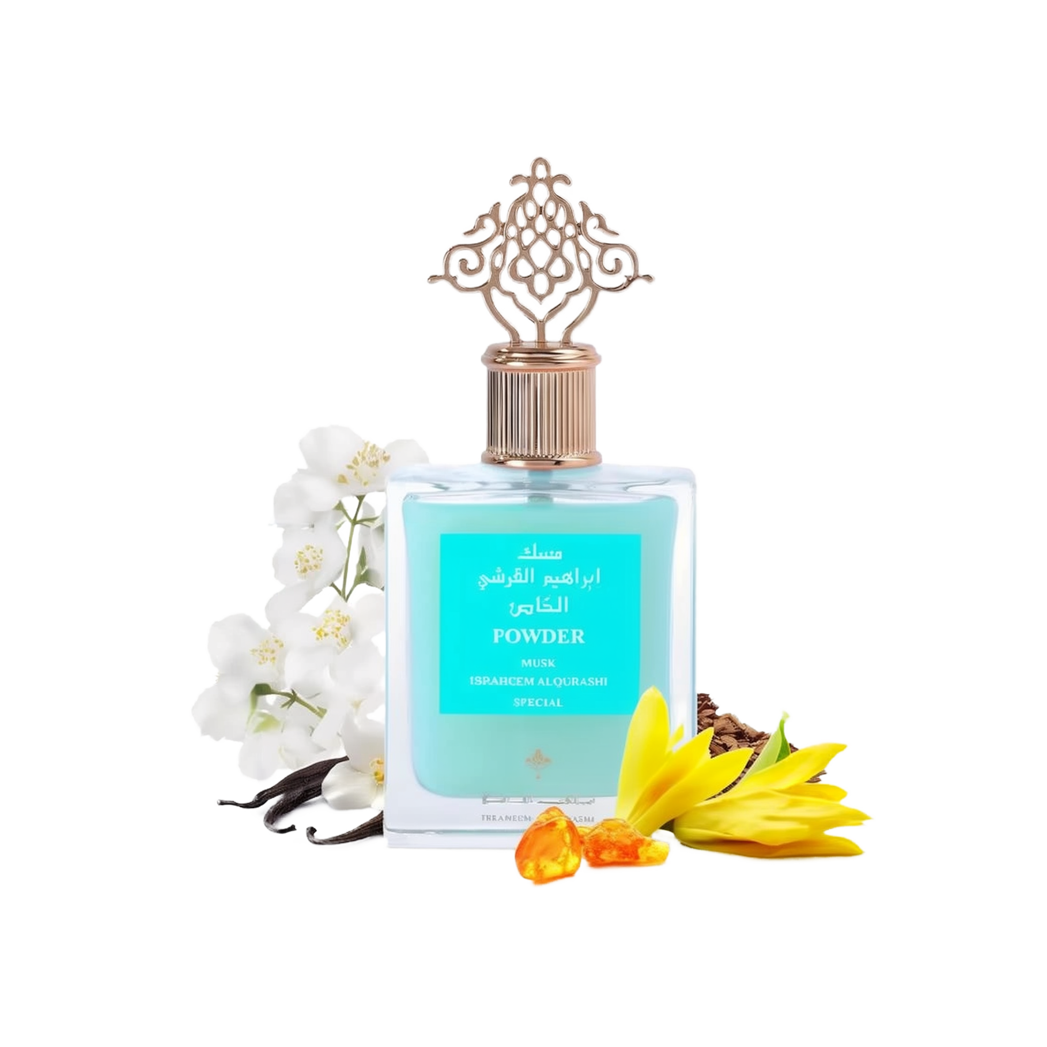 A product image showcasing a clear glass perfume bottle with a light blue liquid and a decorative gold-colored cap. The label is in both Arabic and English, reading "POWDER MUSK, IBRAHEEM ALQURASHI SPECIAL". Surrounding the bottle are white flowers, vanilla pods, and yellow flower petals, possibly signifying the scent notes of the perfume. The background is pure white, emphasizing the product.