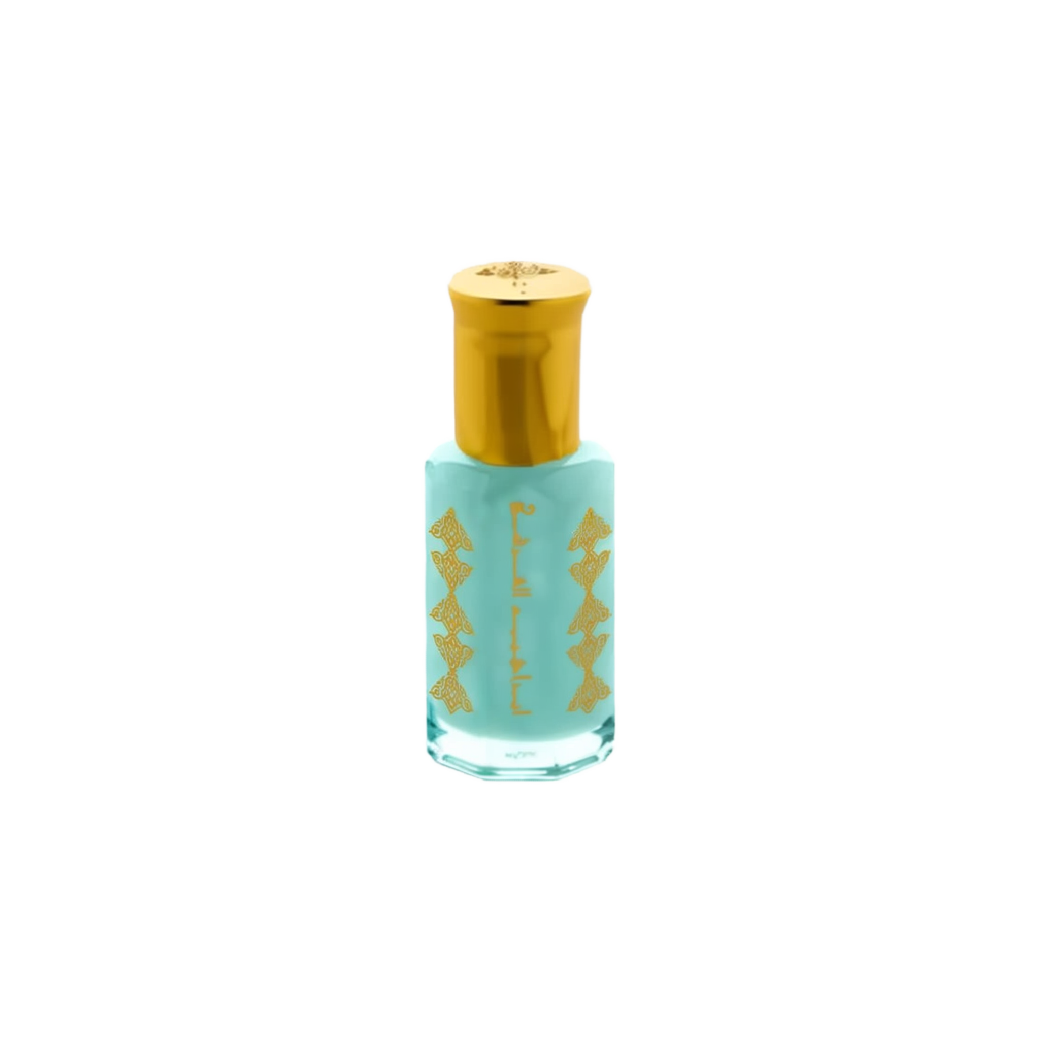 A small glass bottle with a light blue liquid is displayed against a white background. The bottle has a golden cap with a decorative pattern on top. On the side, there are gold-colored, ornamental designs and Arabic calligraphy, creating an elegant aesthetic. The simple backdrop accentuates the bottle's vibrant colors and intricate details.