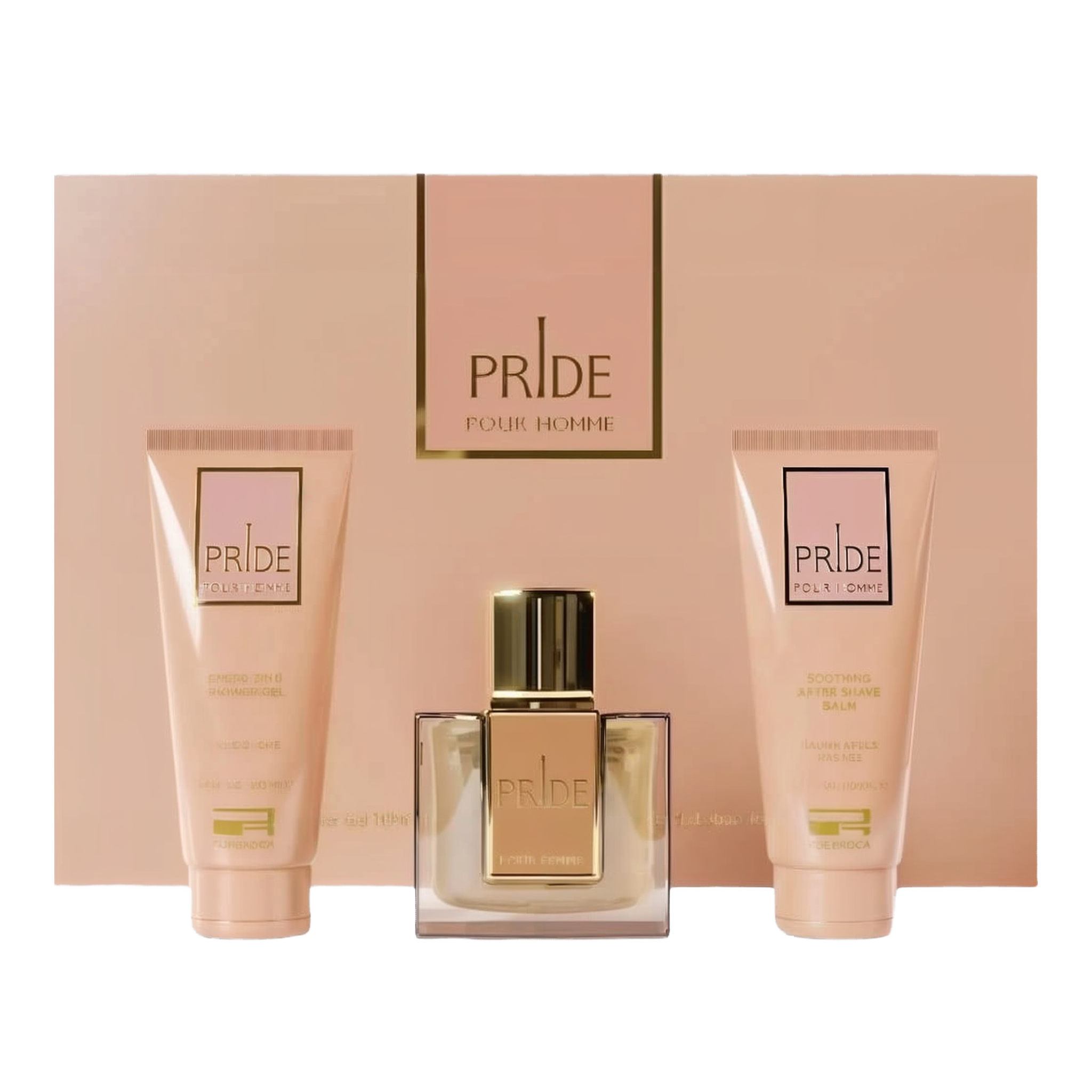 The image features a men's grooming set called "PRIDE POUR HOMME" by the brand Afnan. The set includes a clear square glass perfume bottle with a gold cap and a label in the center with the word "PRIDE" in bold letters. Flanking the perfume are two tubes, one labeled as "ENERGIZING SHOWER GEL" and the other as "SOOTHING AFTER SHAVE BALM," both in a coordinating soft peach color.