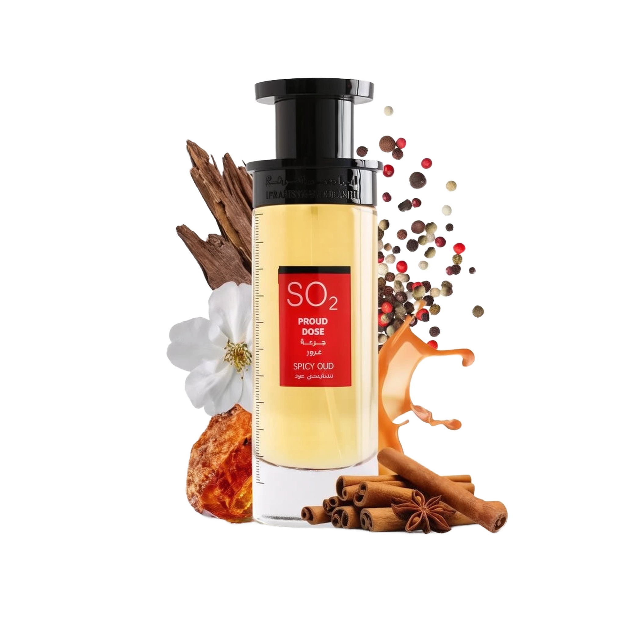 An image of a tall, rectangular perfume bottle with a yellow to amber gradient liquid and a black cap. The label has a prominent red rectangle with the text "SO2 PROUD DOSE SPICY OUD" in both English and Arabic. The product is presented with visual elements that suggest its fragrance notes: white flowers, cinnamon sticks, star anise, amber resin, and a sprinkle of multicolored peppercorns.