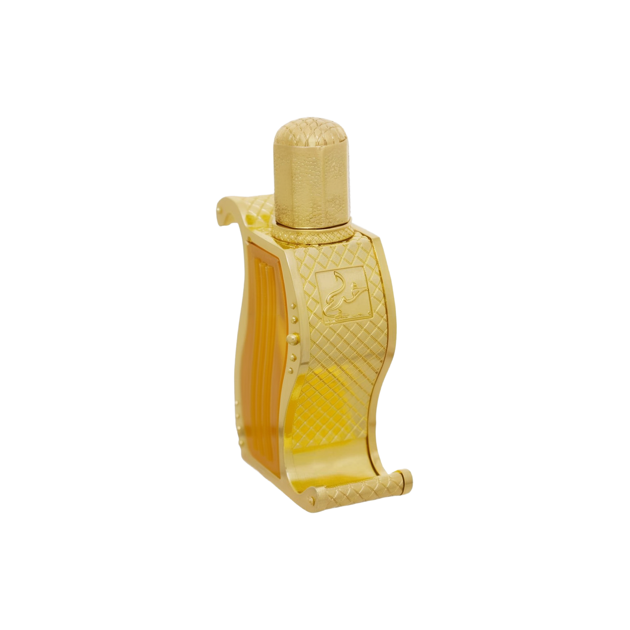 A luxurious gold perfume bottle with intricate patterns and a unique curved design, containing a golden liquid, showcasing its elegant and sophisticated appearance.