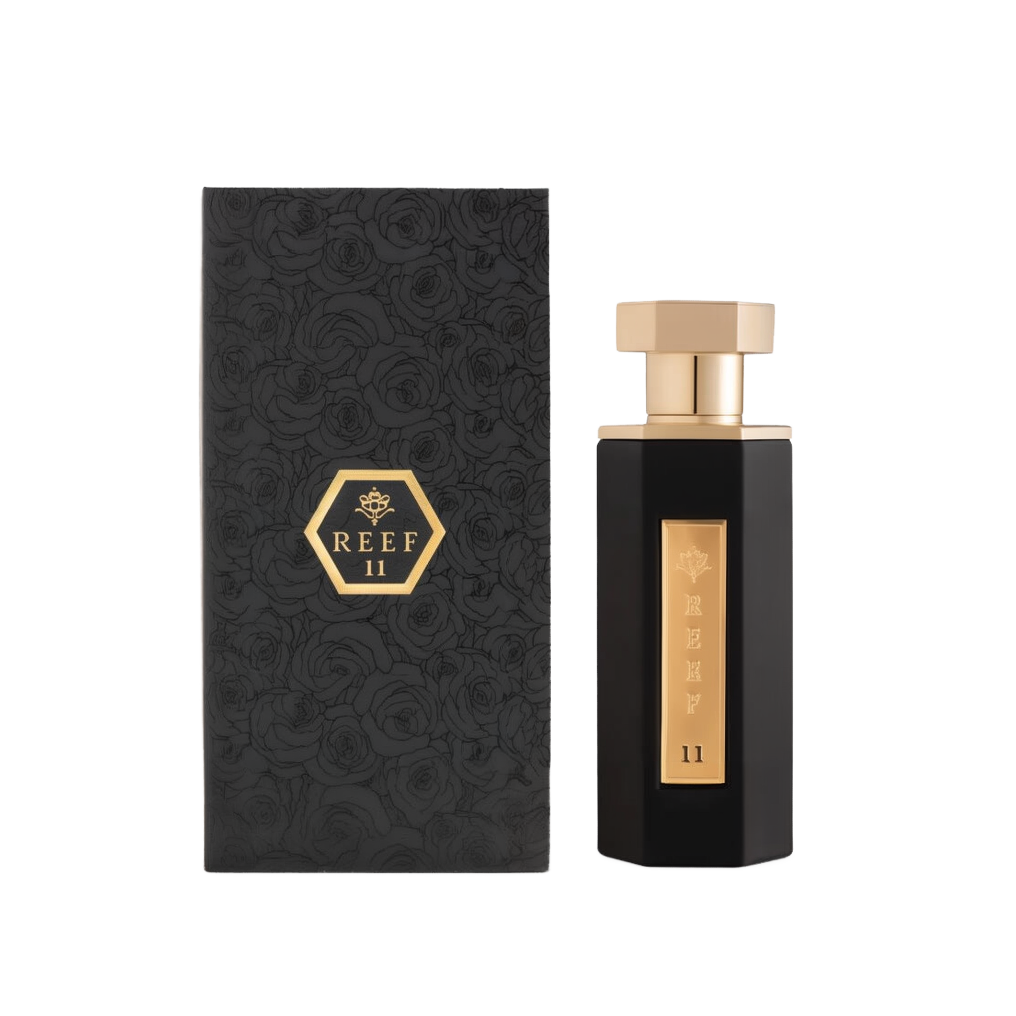 A sophisticated bottle of Reef 11 perfume by Reef Perfumes, displayed alongside its matching box. The bottle is tall and angular with a glossy black finish, featuring a vertical gold label engraved with 'REEF 11' and a crown emblem. It is topped with a geometric gold cap. The accompanying box is textured with an embossed rose pattern and features a gold hexagonal emblem with the fragrance name centered on the front, reinforcing the elegant and premium design